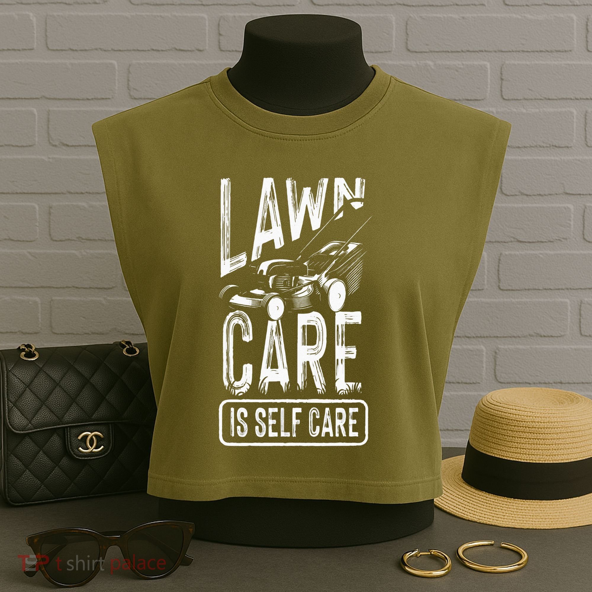Funny Lawn Care Self Care Dad Lawn Mowing Joke Garment-Dyed Women's Muscle Tee