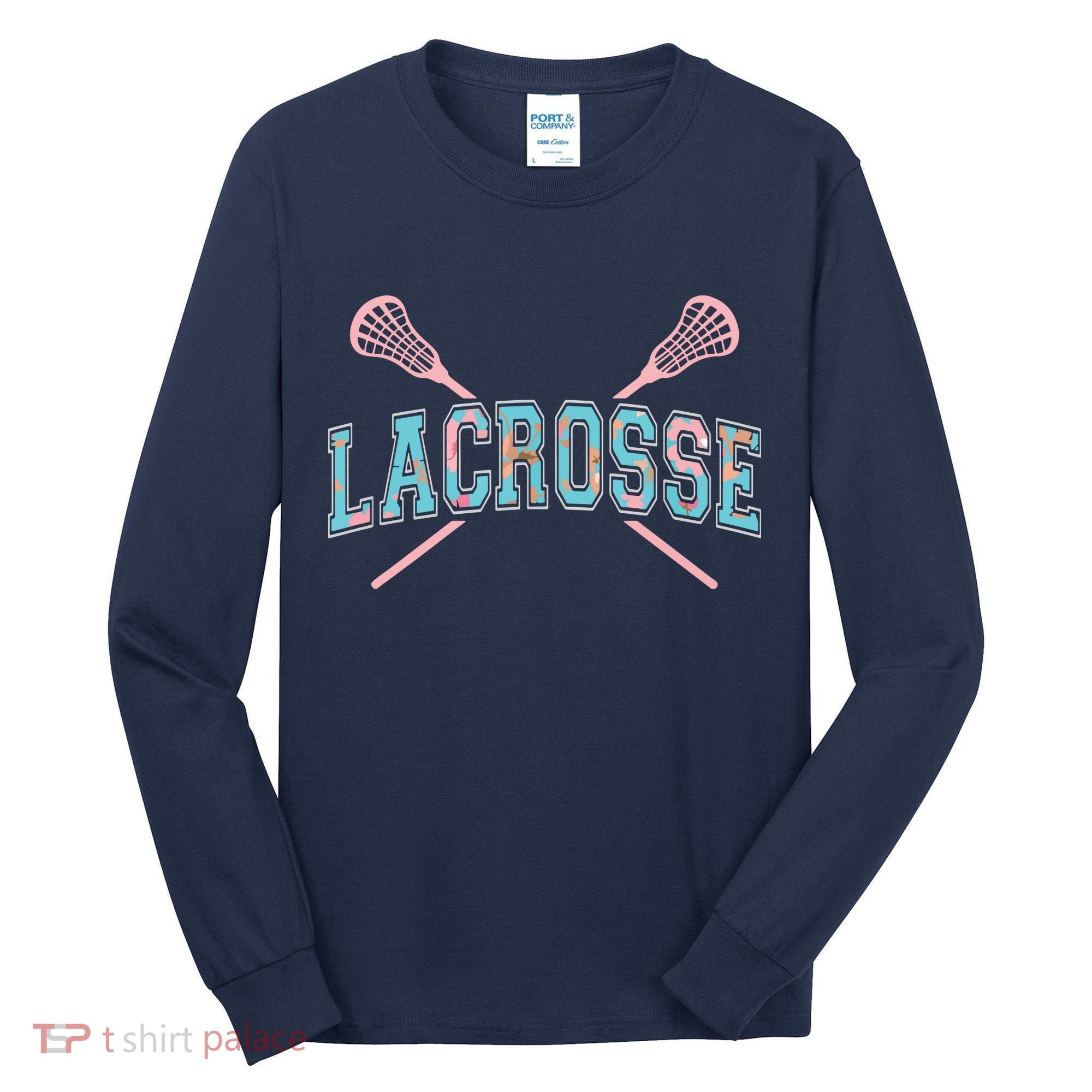 Floral Lacrosse Crossed Sticks LAX Girly Teal Pink Head Tall Long Sleeve Shirt