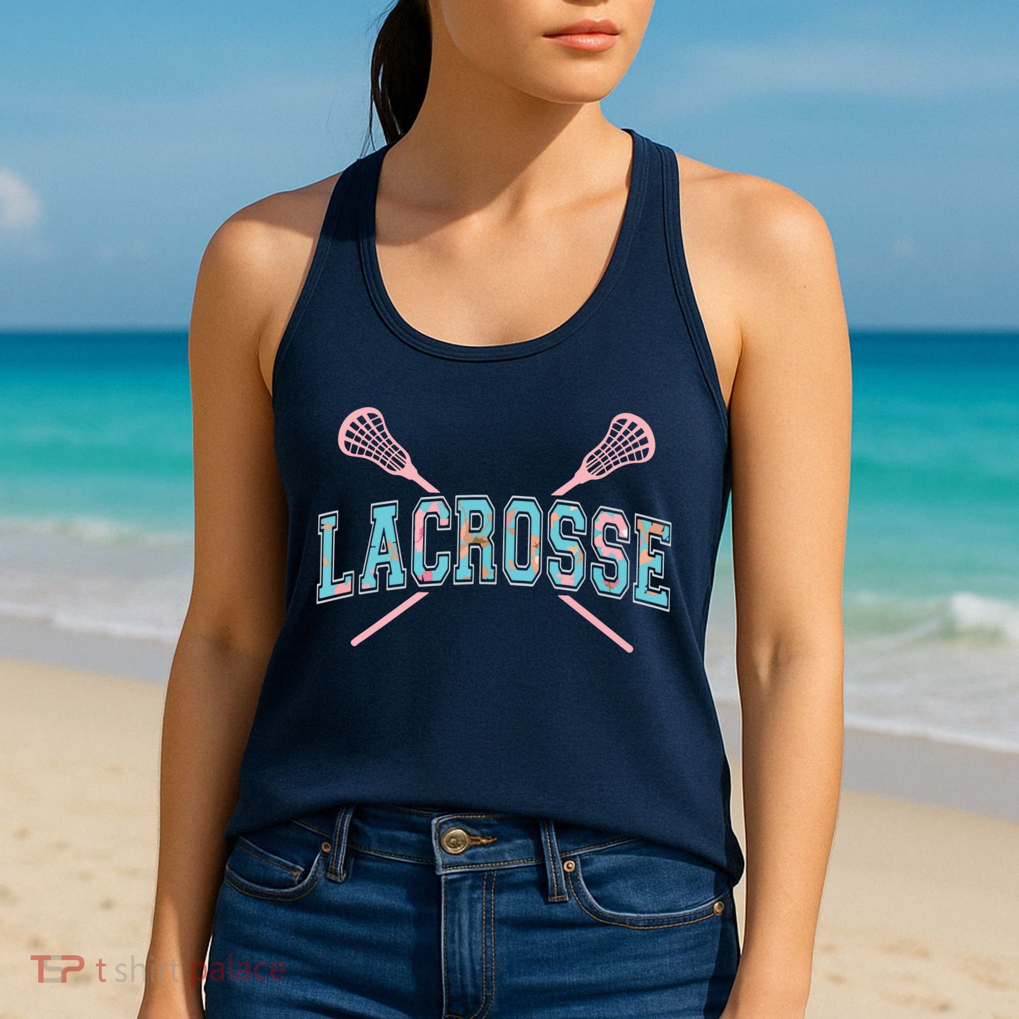 Floral Lacrosse Crossed Sticks LAX Girly Teal Pink Head Women's Tank Top