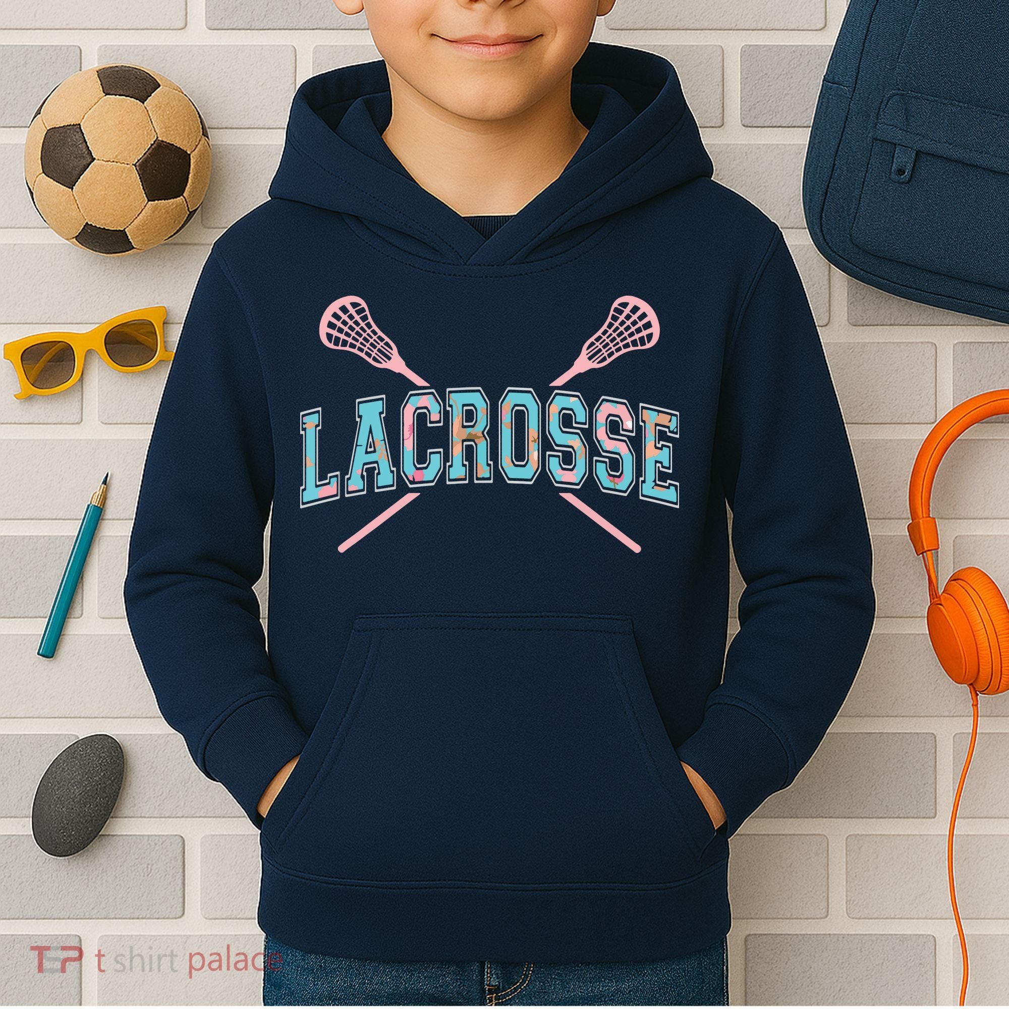 Floral Lacrosse Crossed Sticks LAX Girly Teal Pink Head Kids Hoodie
