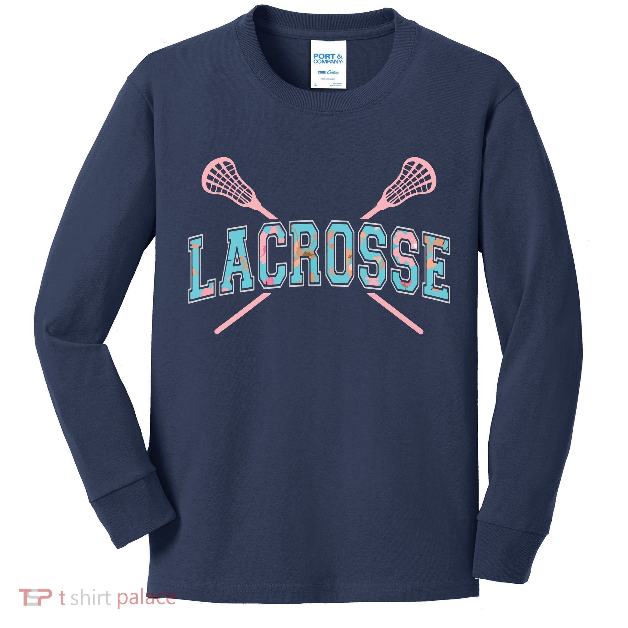 Floral Lacrosse Crossed Sticks LAX Girly Teal Pink Head Kids Long Sleeve Shirt