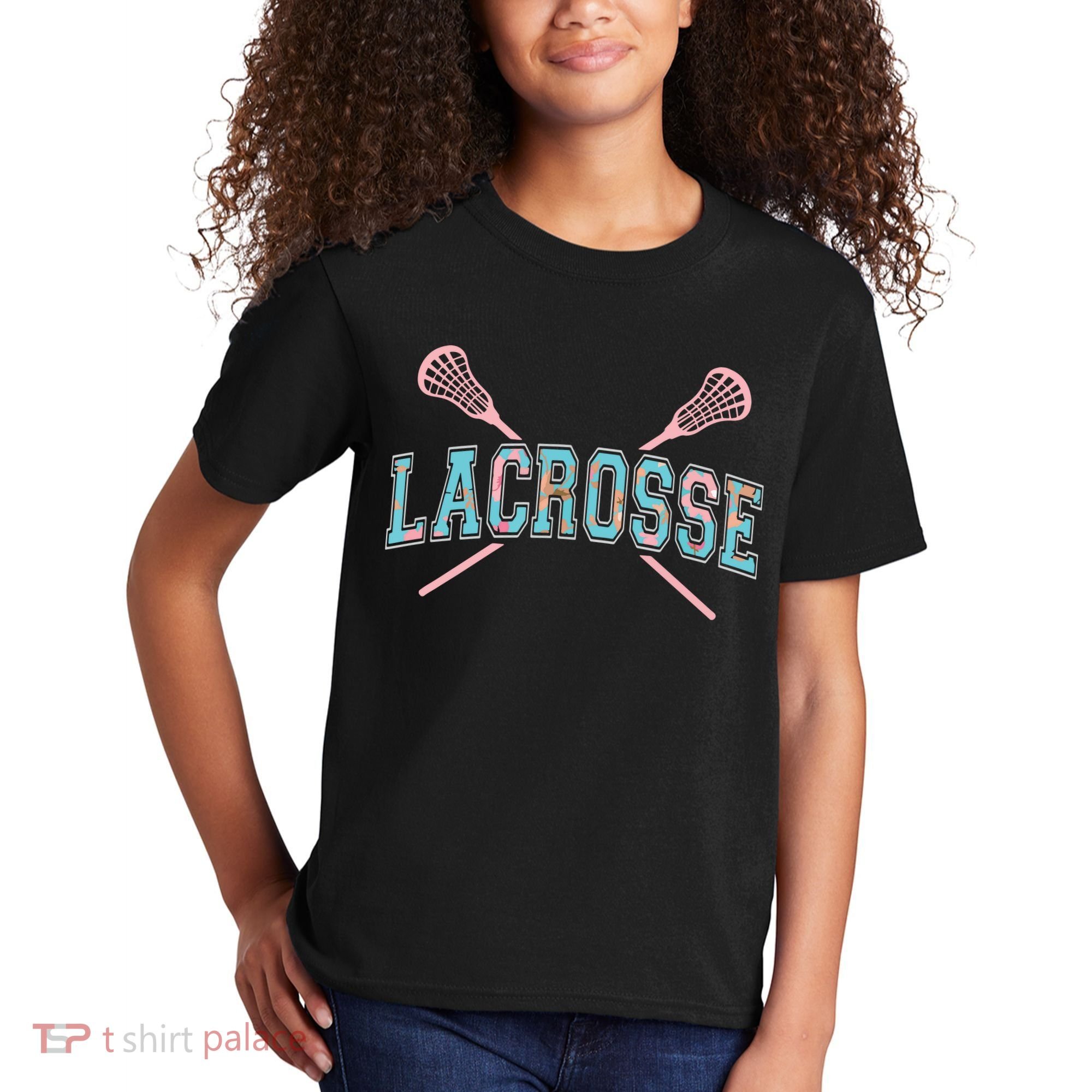 Floral Lacrosse Crossed Sticks LAX Girly Teal Pink Head Kids T-Shirt