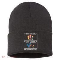 Funny Let's Eat Kids Punctuation Saves Lives Grammar Sustainable Knit Beanie thumb 0