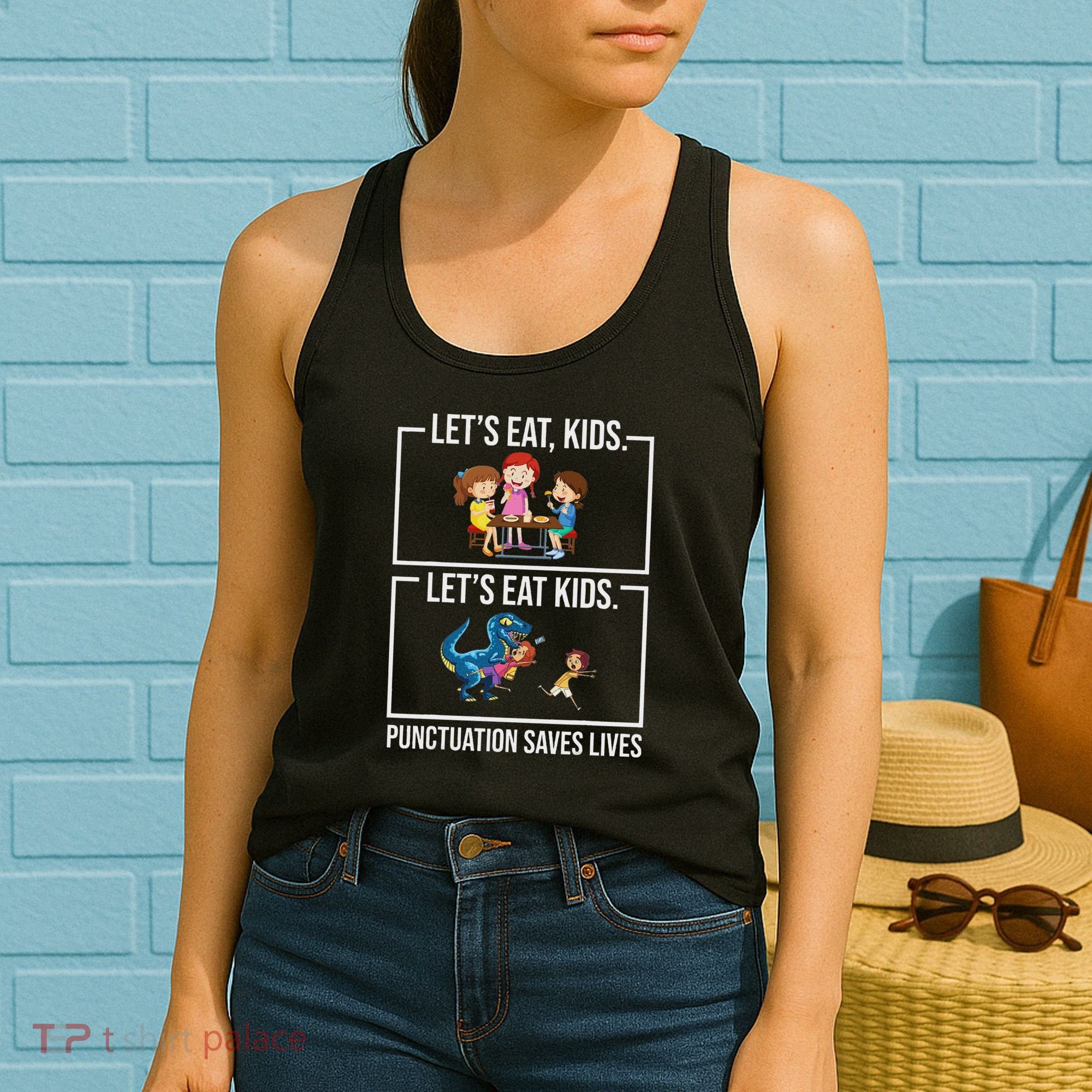 Funny Let's Eat Kids Punctuation Saves Lives Grammar Women's Tank Top