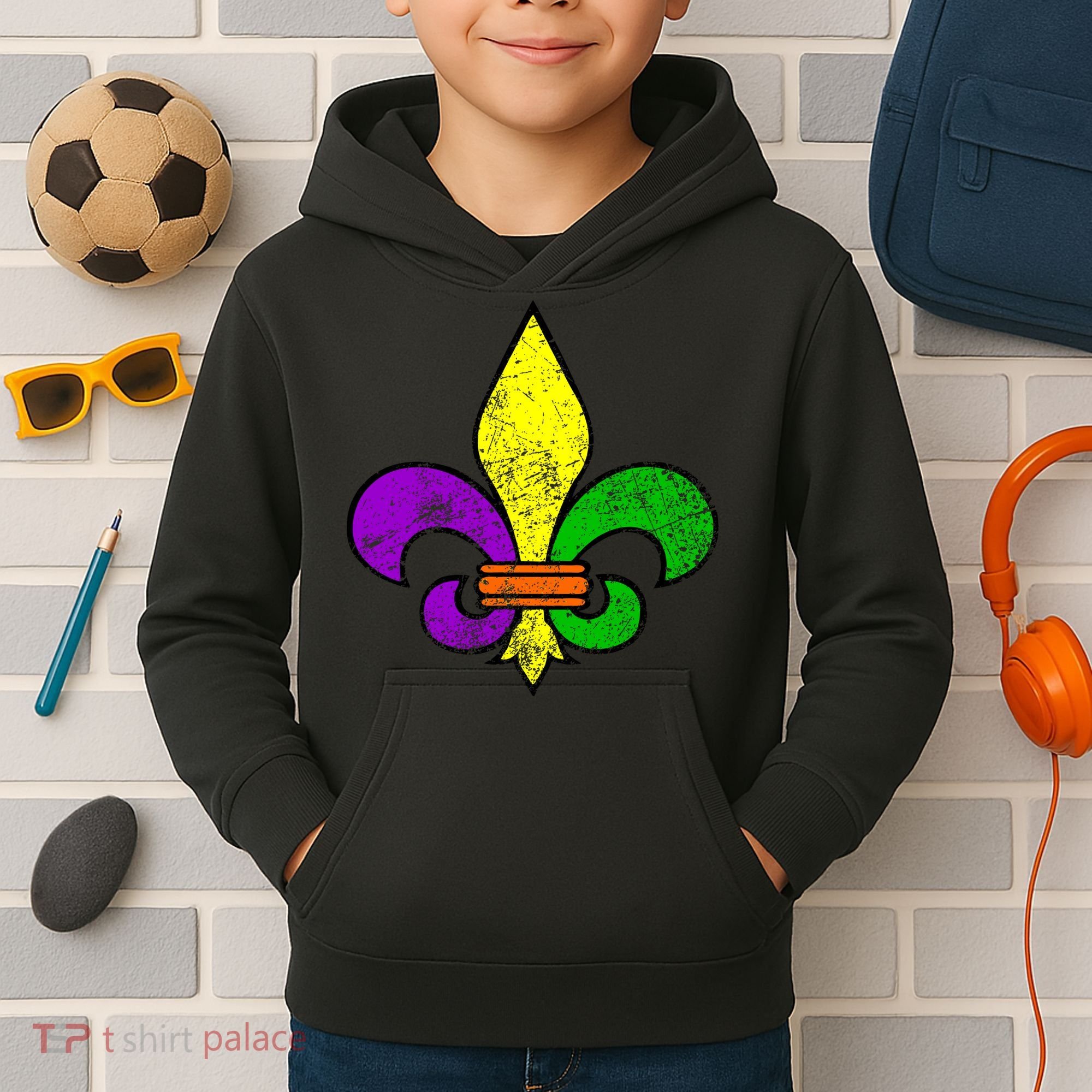 Fleur De Lis Retro Mardi Gras New Orleans Logo Kids Hoodie