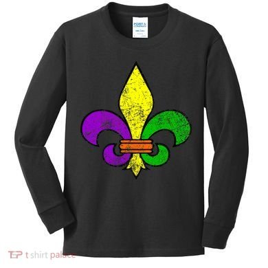 Fleur De Lis Retro Mardi Gras New Orleans Logo Kids Long Sleeve Shirt