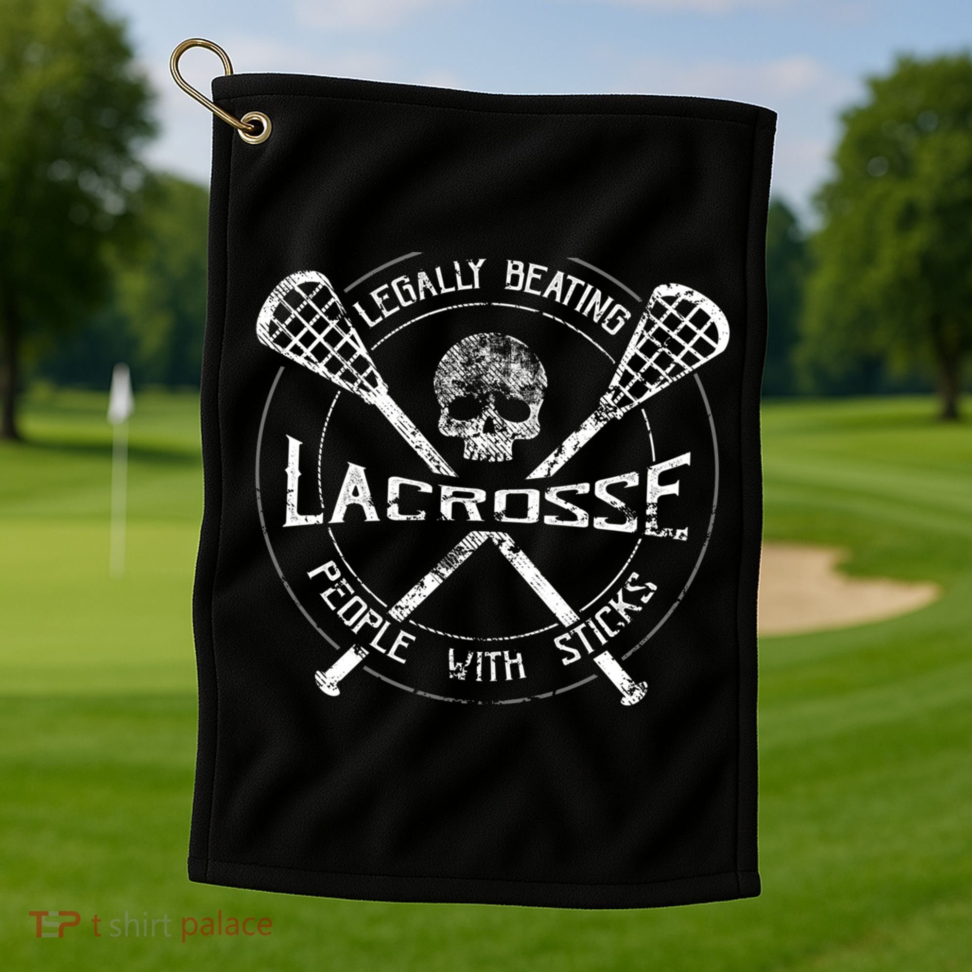 Funny Lacrosse Gift Legally Beating People With Sticks Golf Towel