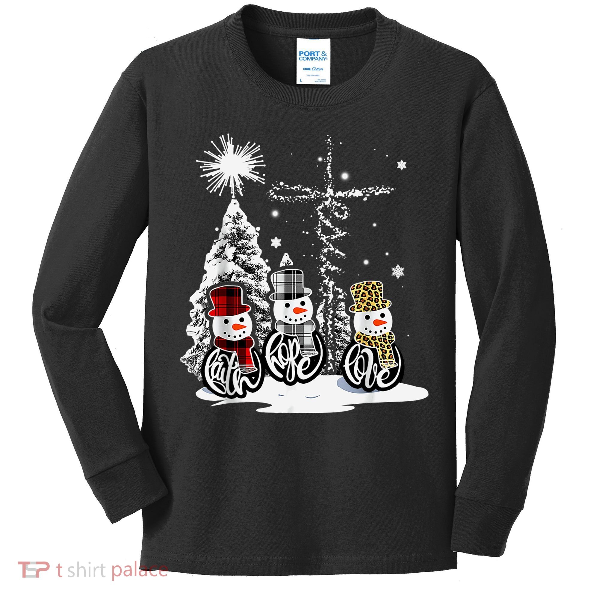 Faith Love Hope Cross Winter Snowman Kids Long Sleeve Shirt