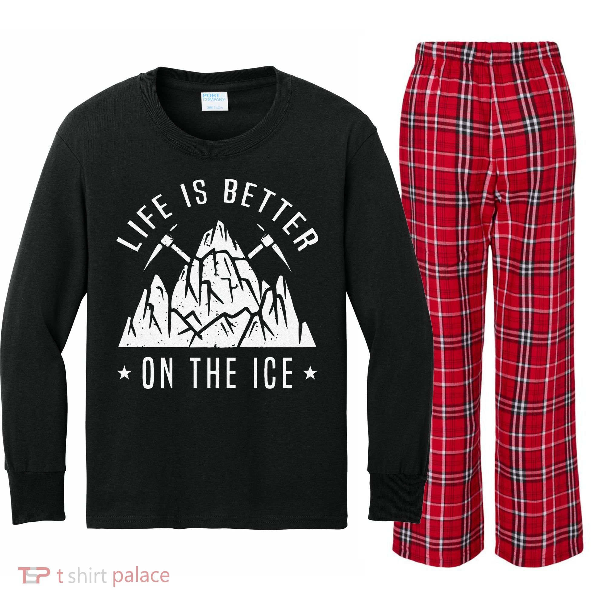 Funny Life Is Better On The Ice Mountaineering Snow Ice Climber Funny Kids Long Sleeve Plaid Pajama Set