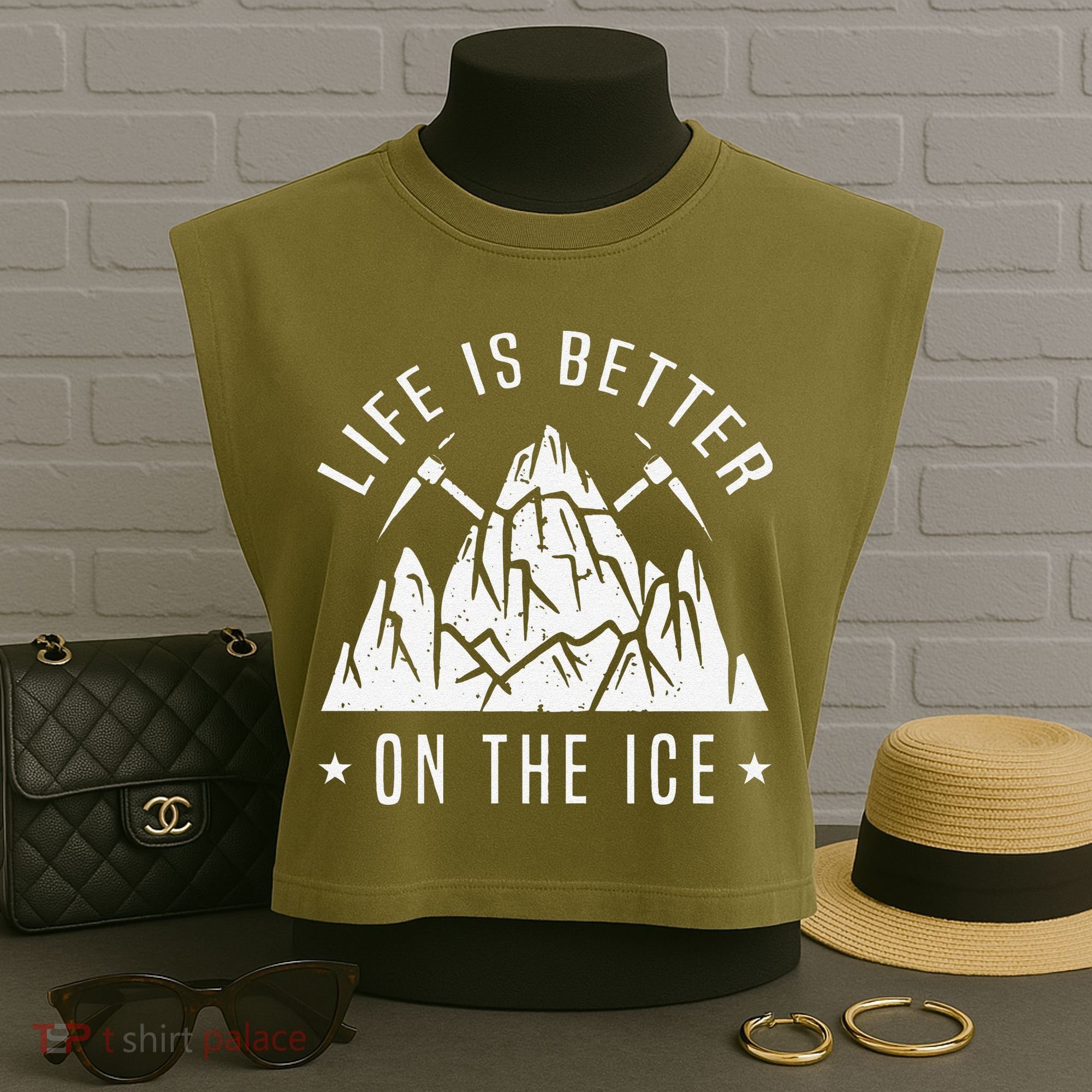 Funny Life Is Better On The Ice Mountaineering Snow Ice Climber Funny Garment-Dyed Women's Muscle Tee