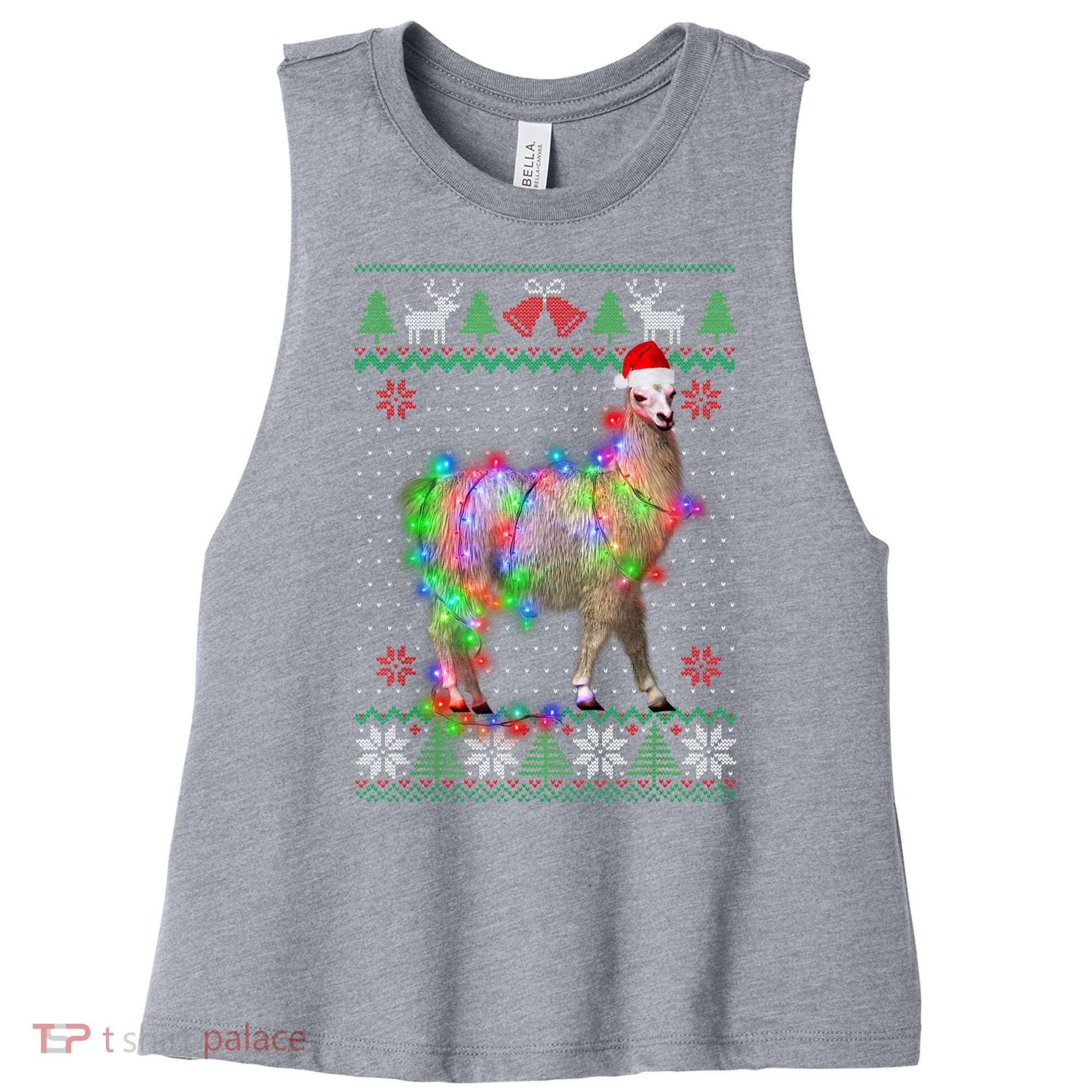Funny Llama Lights Tangled Ugly Sweater Christmas Animals Women's Racerback Cropped Tank
