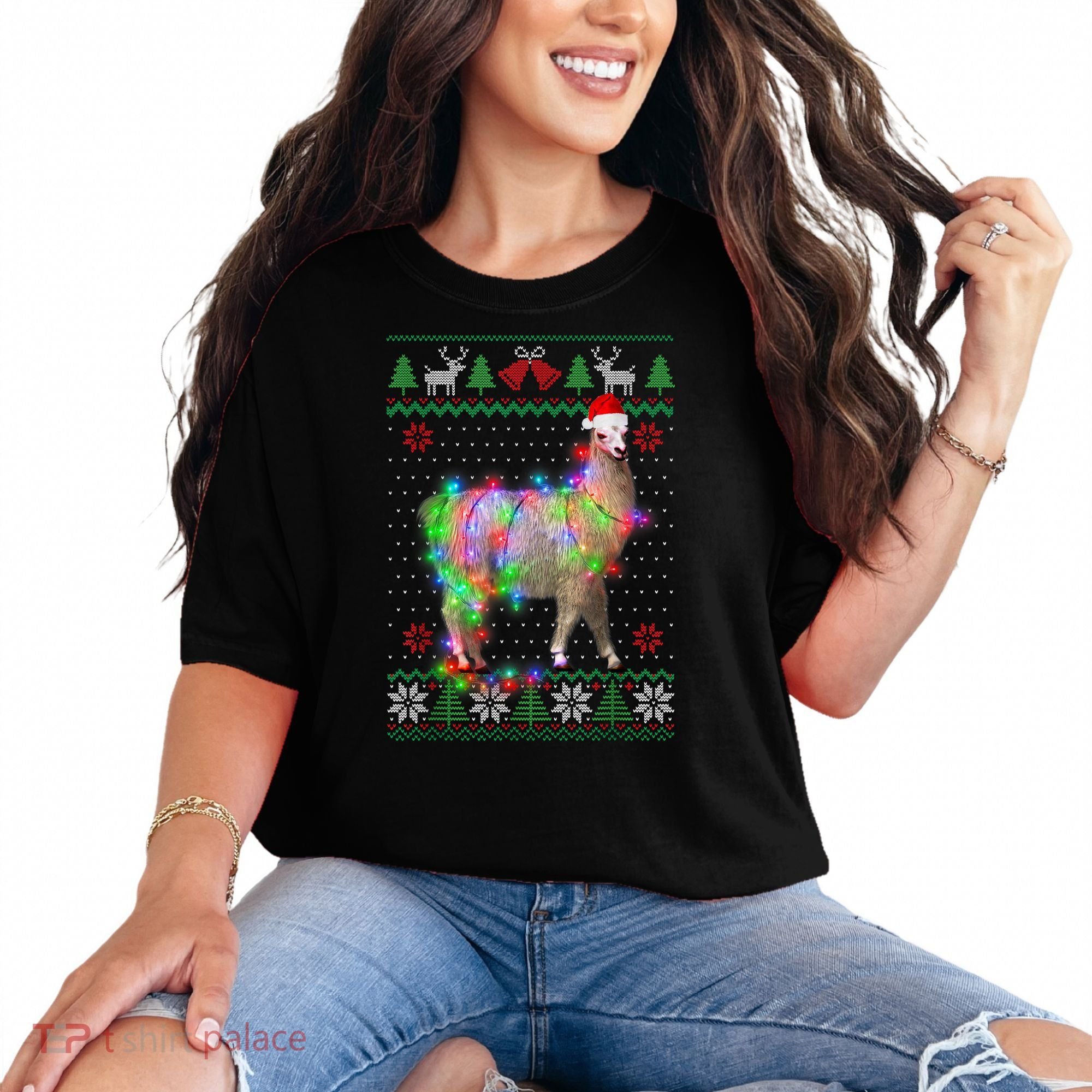 Funny Llama Lights Tangled Ugly Sweater Christmas Animals Comfort Colors T-Shirt