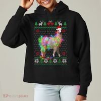 Funny Llama Lights Tangled Ugly Sweater Christmas Animals Ladies Heavyweight Boxy Pullover Hoodie thumb 0