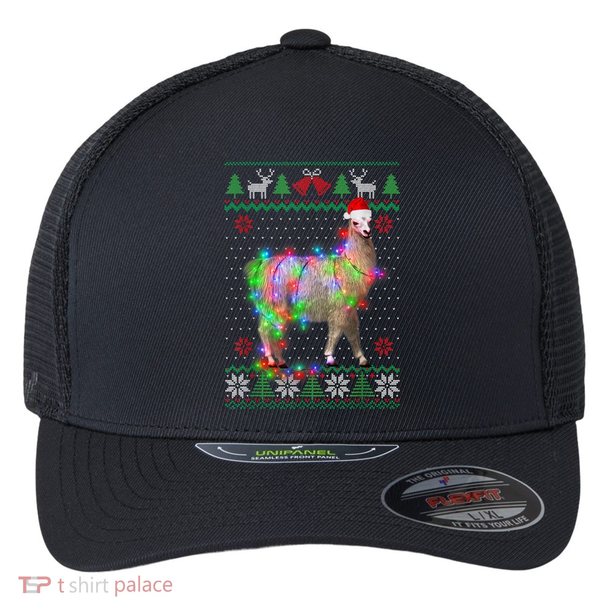 Funny Llama Lights Tangled Ugly Sweater Christmas Animals Flexfit Unipanel Trucker Cap