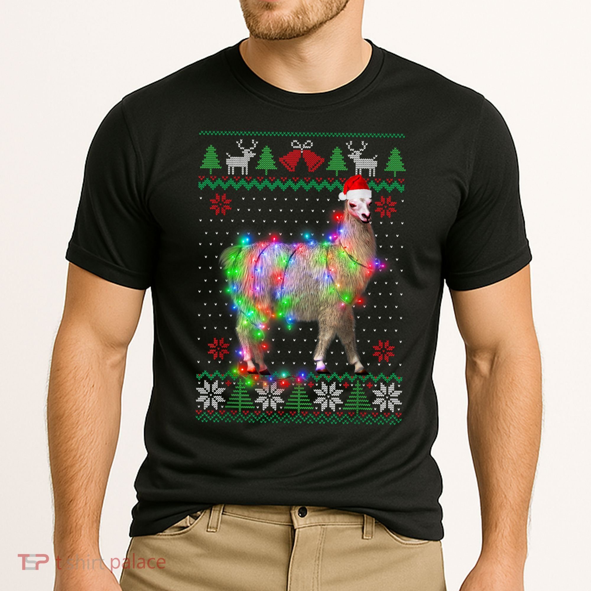 Funny Llama Lights Tangled Ugly Sweater Christmas Animals Cooling Performance Crew T-Shirt