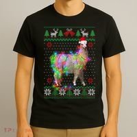 Funny Llama Lights Tangled Ugly Sweater Christmas Animals T-Shirt thumb 3