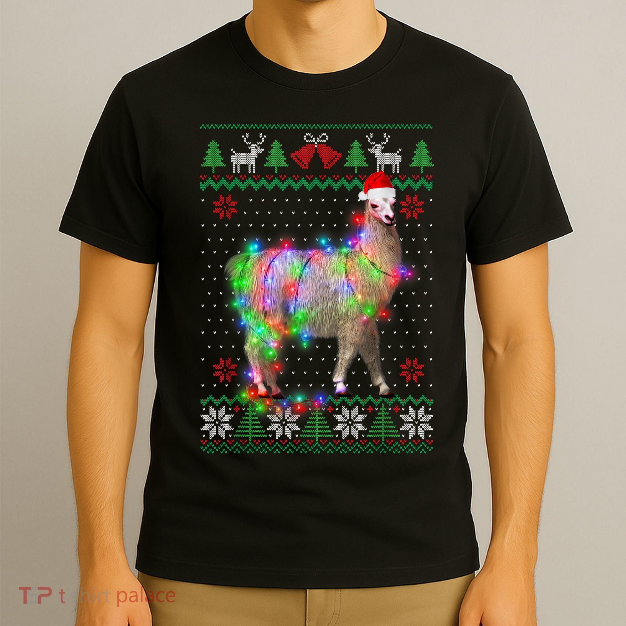 Funny Llama Lights Tangled Ugly Sweater Christmas Animals T-Shirt