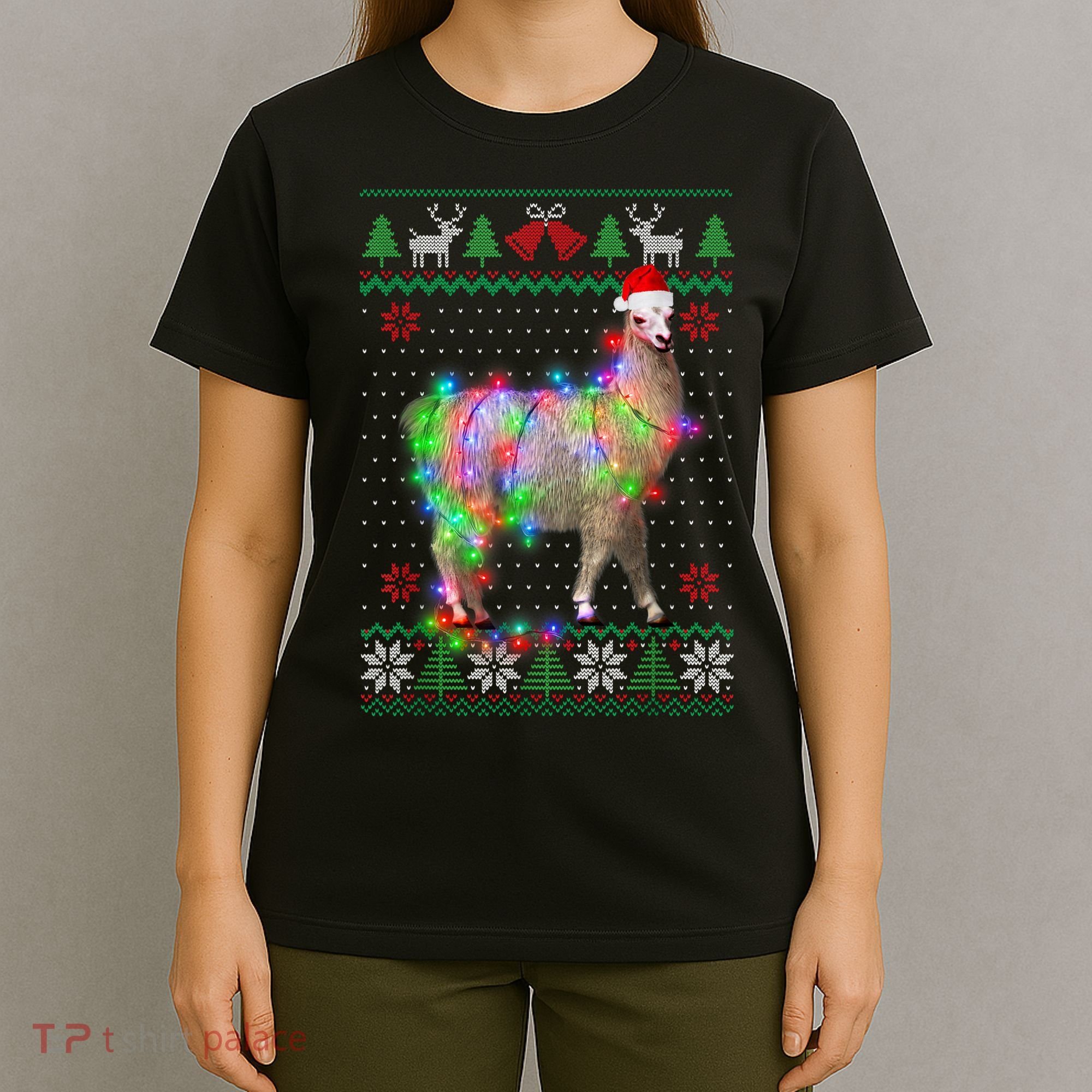 Funny Llama Lights Tangled Ugly Sweater Christmas Animals T-Shirt