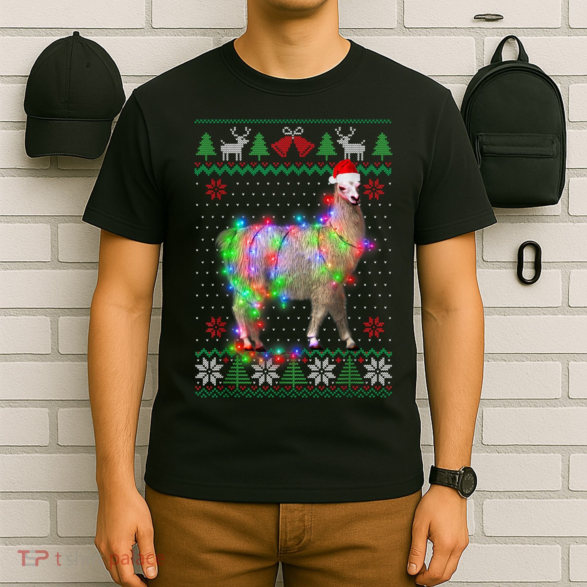 Funny Llama Lights Tangled Ugly Sweater Christmas Animals T-Shirt