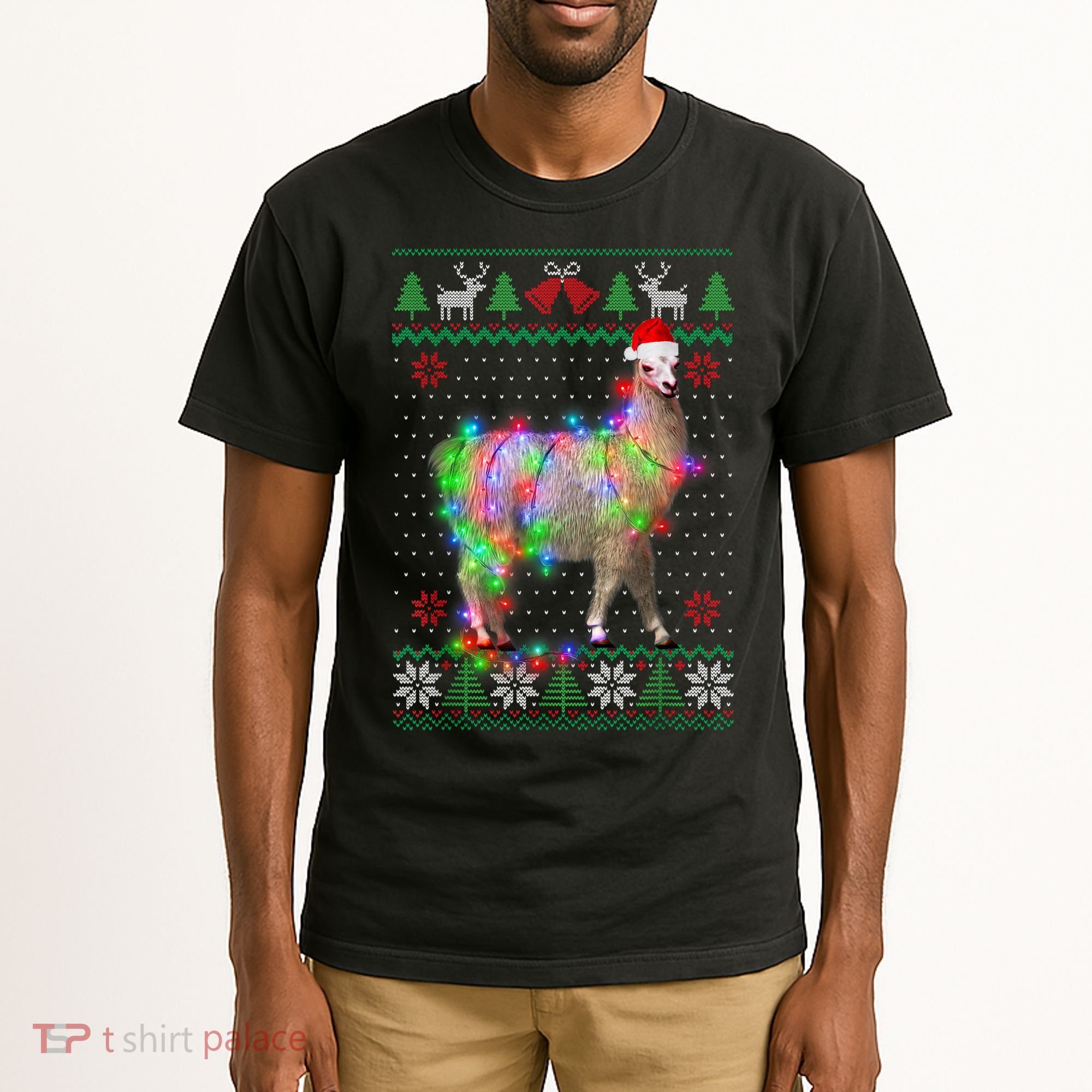 Funny Llama Lights Tangled Ugly Sweater Christmas Animals Tall T-Shirt