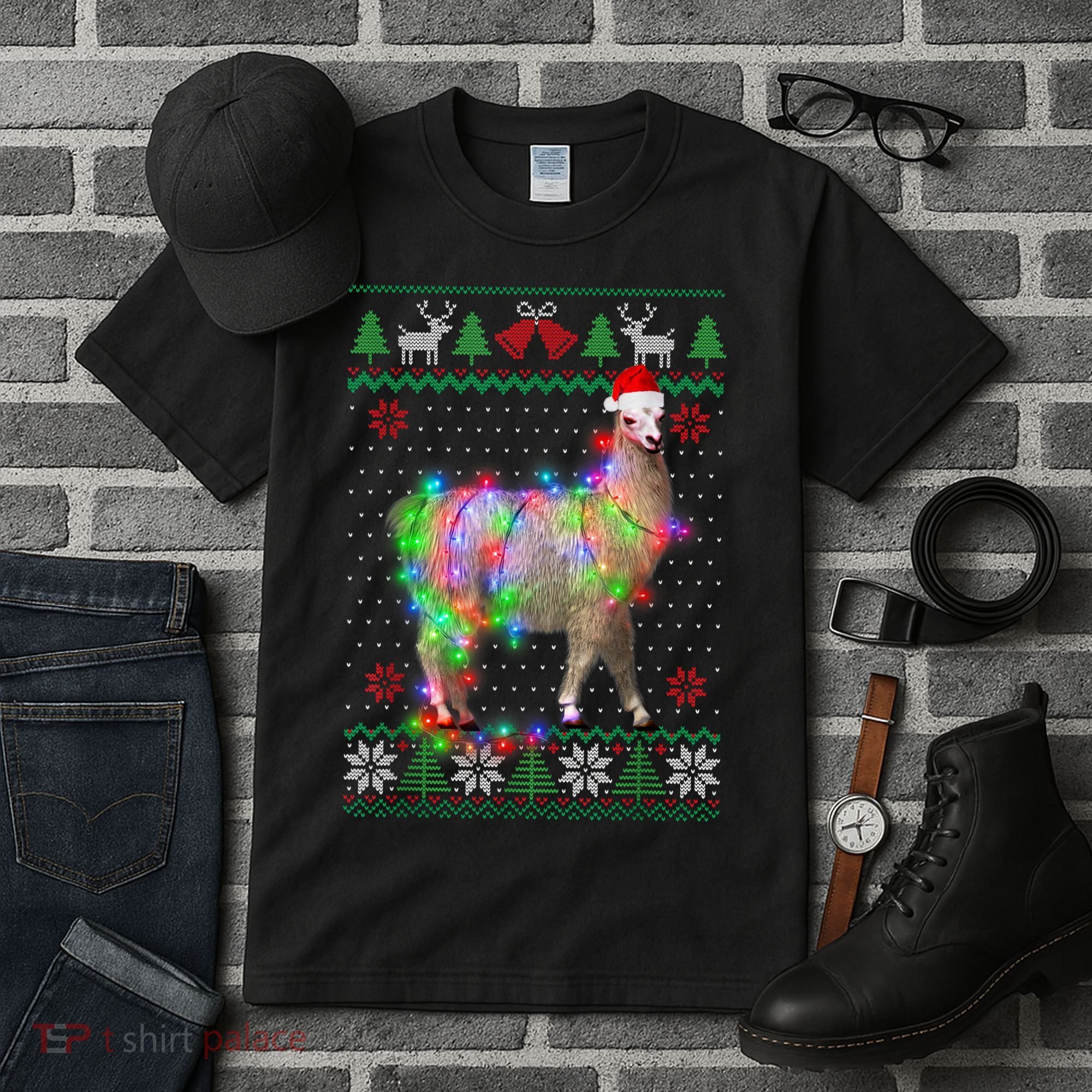 Funny Llama Lights Tangled Ugly Sweater Christmas Animals Tall T-Shirt