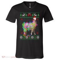 Funny Llama Lights Tangled Ugly Sweater Christmas Animals V-Neck T-Shirt thumb 0