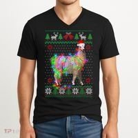 Funny Llama Lights Tangled Ugly Sweater Christmas Animals V-Neck T-Shirt thumb 2