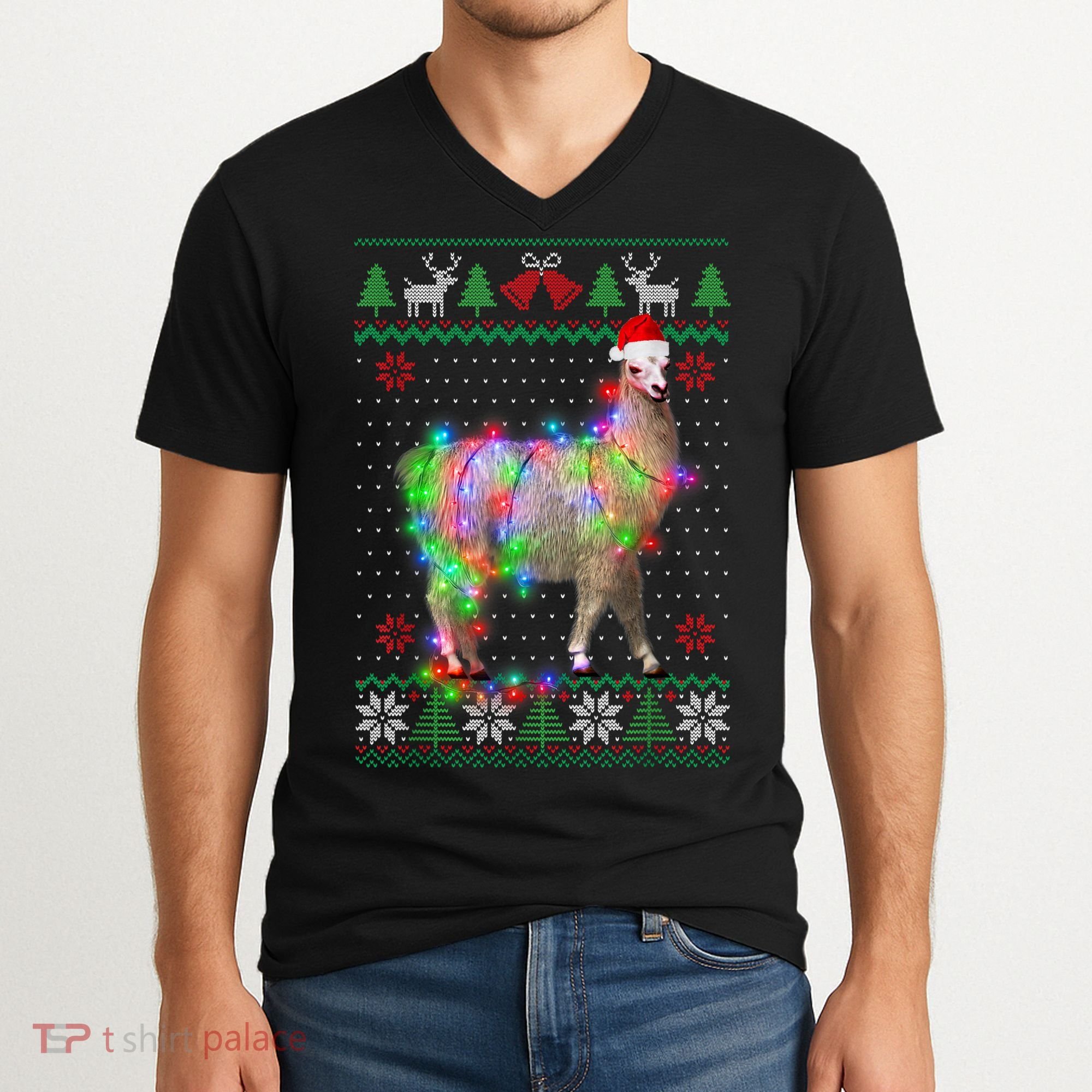 Funny Llama Lights Tangled Ugly Sweater Christmas Animals V-Neck T-Shirt