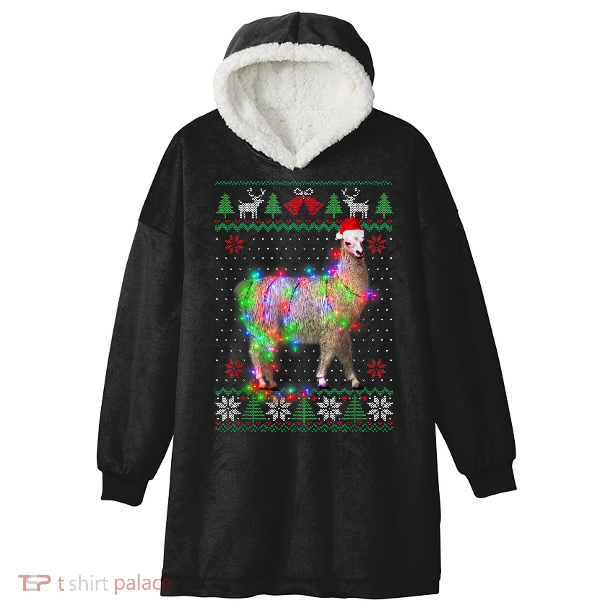 Funny Llama Lights Tangled Ugly Sweater Christmas Animals Hooded Wearable Blanket
