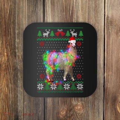 Funny Llama Lights Tangled Ugly Sweater Christmas Animals Coaster