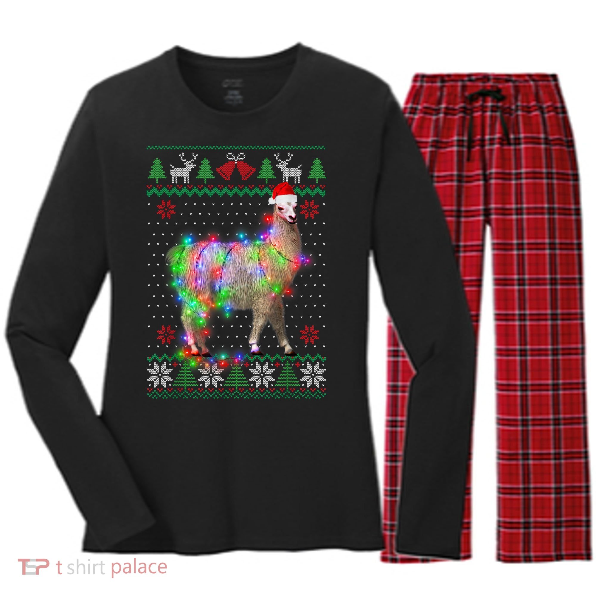 Funny Llama Lights Tangled Ugly Sweater Christmas Animals Women's Long Sleeve Flannel Pajama Set 