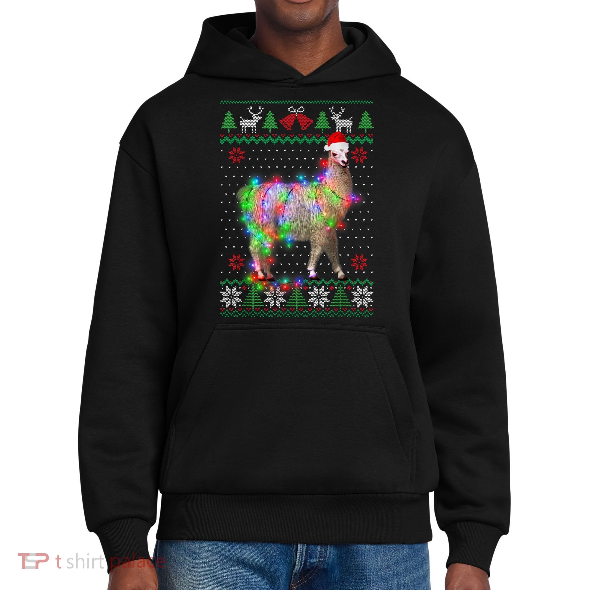 Funny Llama Lights Tangled Ugly Sweater Christmas Animals District V.I.T. Heavyweight Hoodie