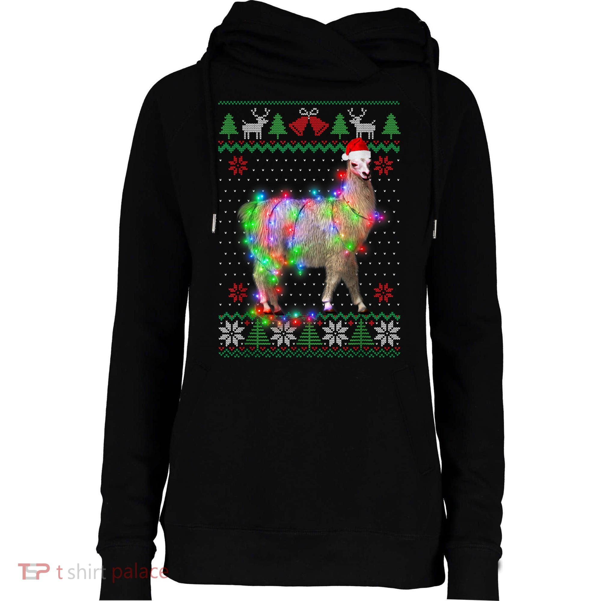 Funny Llama Lights Tangled Ugly Sweater Christmas Animals Womens Funnel Neck Pullover Hood