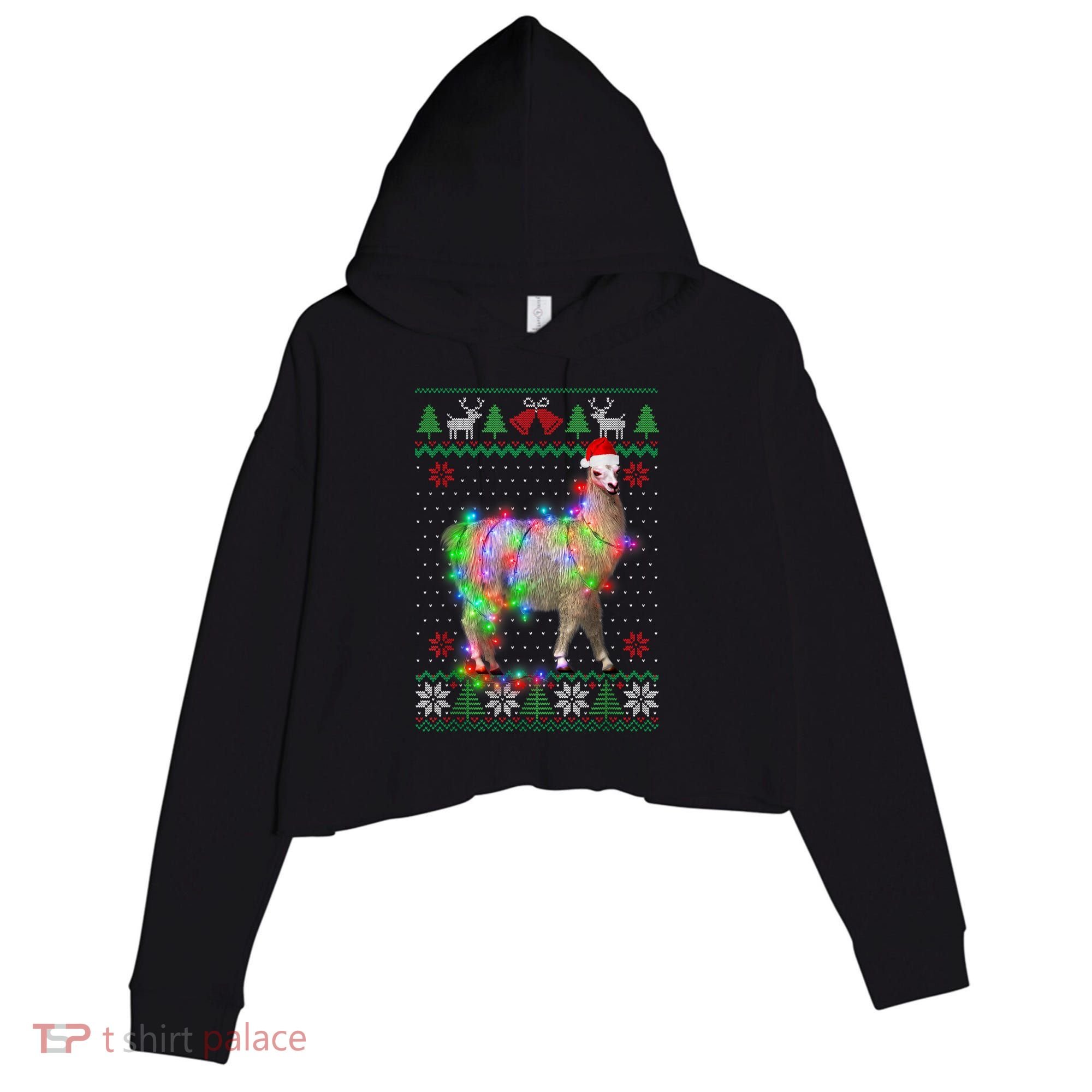 Funny Llama Lights Tangled Ugly Sweater Christmas Animals Crop Fleece Hoodie