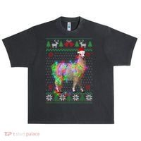 Funny Llama Lights Tangled Ugly Sweater Christmas Animals Urban Oversized Heavyweight T-Shirt thumb 0