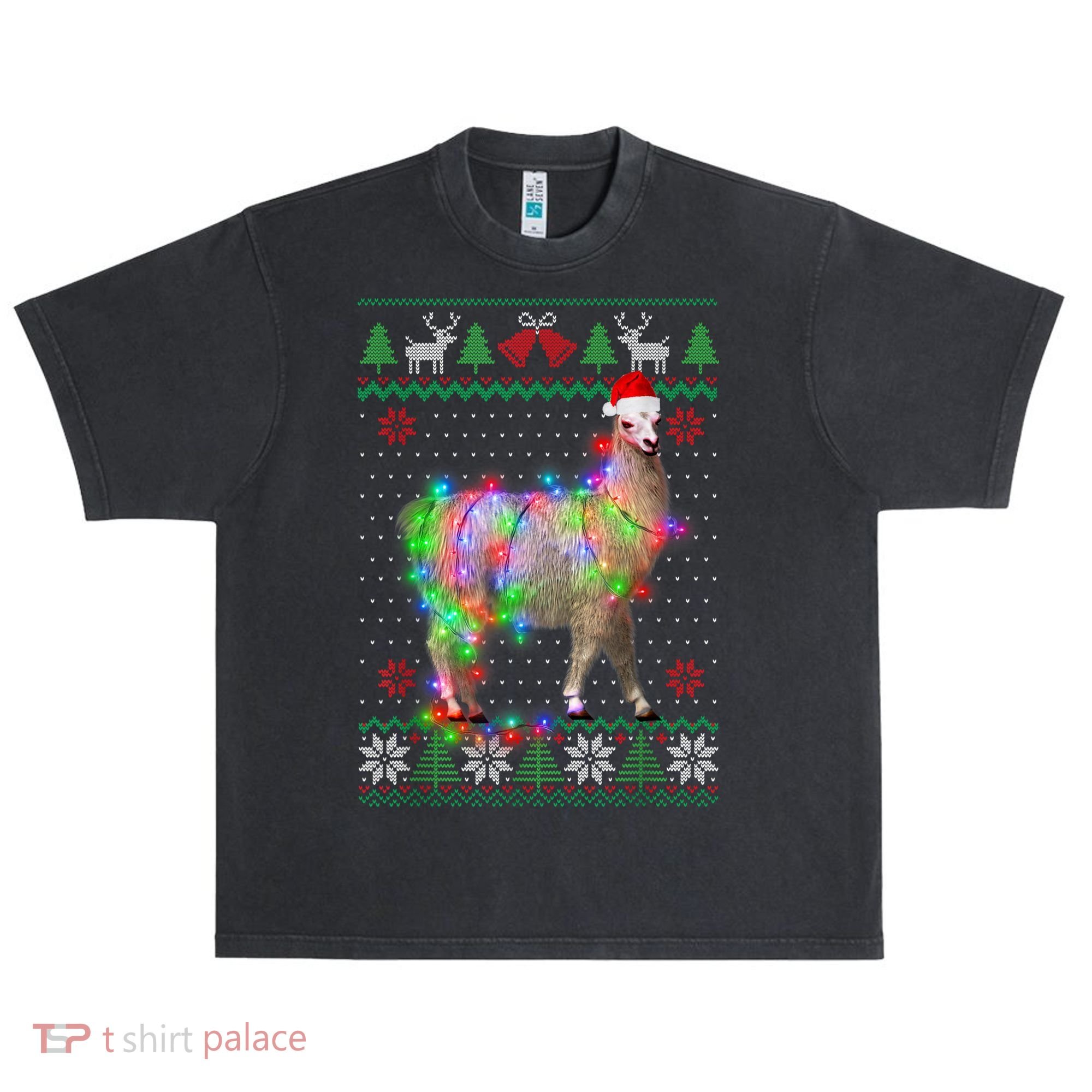 Funny Llama Lights Tangled Ugly Sweater Christmas Animals Urban Oversized Heavyweight T-Shirt