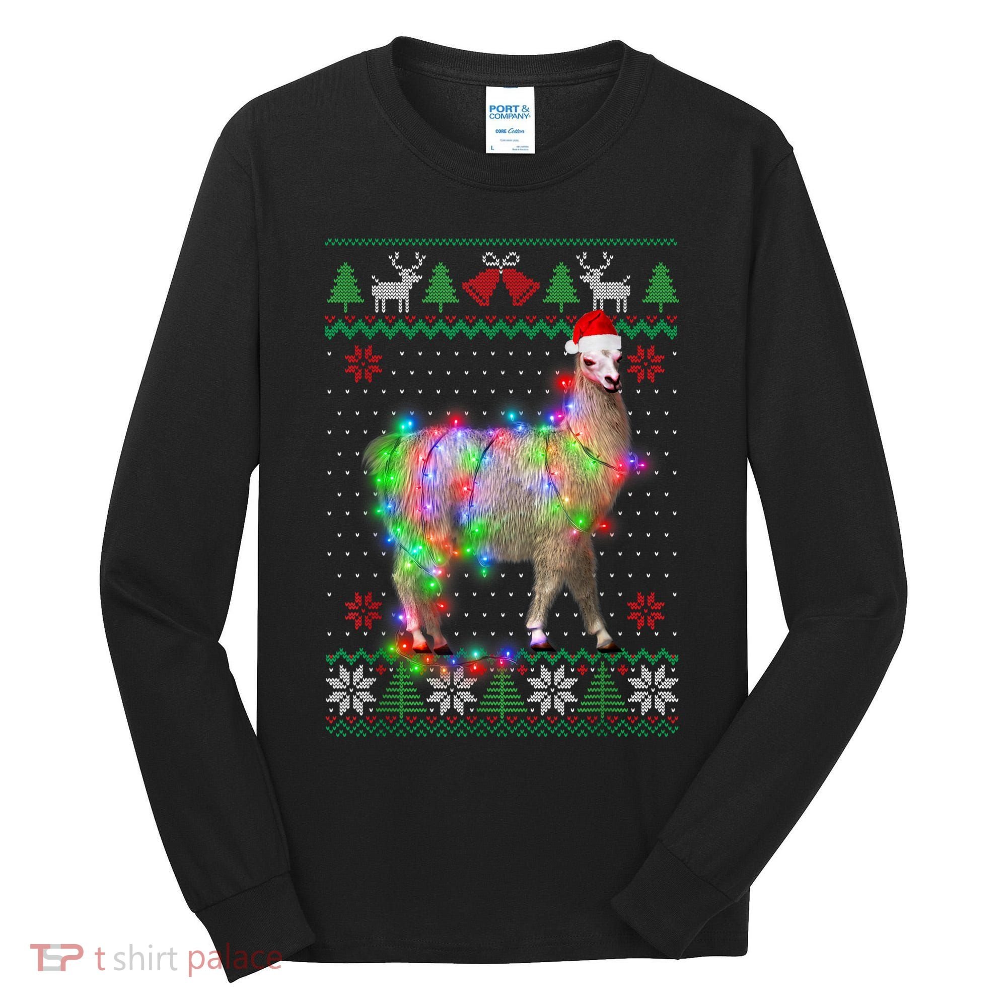 Funny Llama Lights Tangled Ugly Sweater Christmas Animals Tall Long Sleeve Shirt
