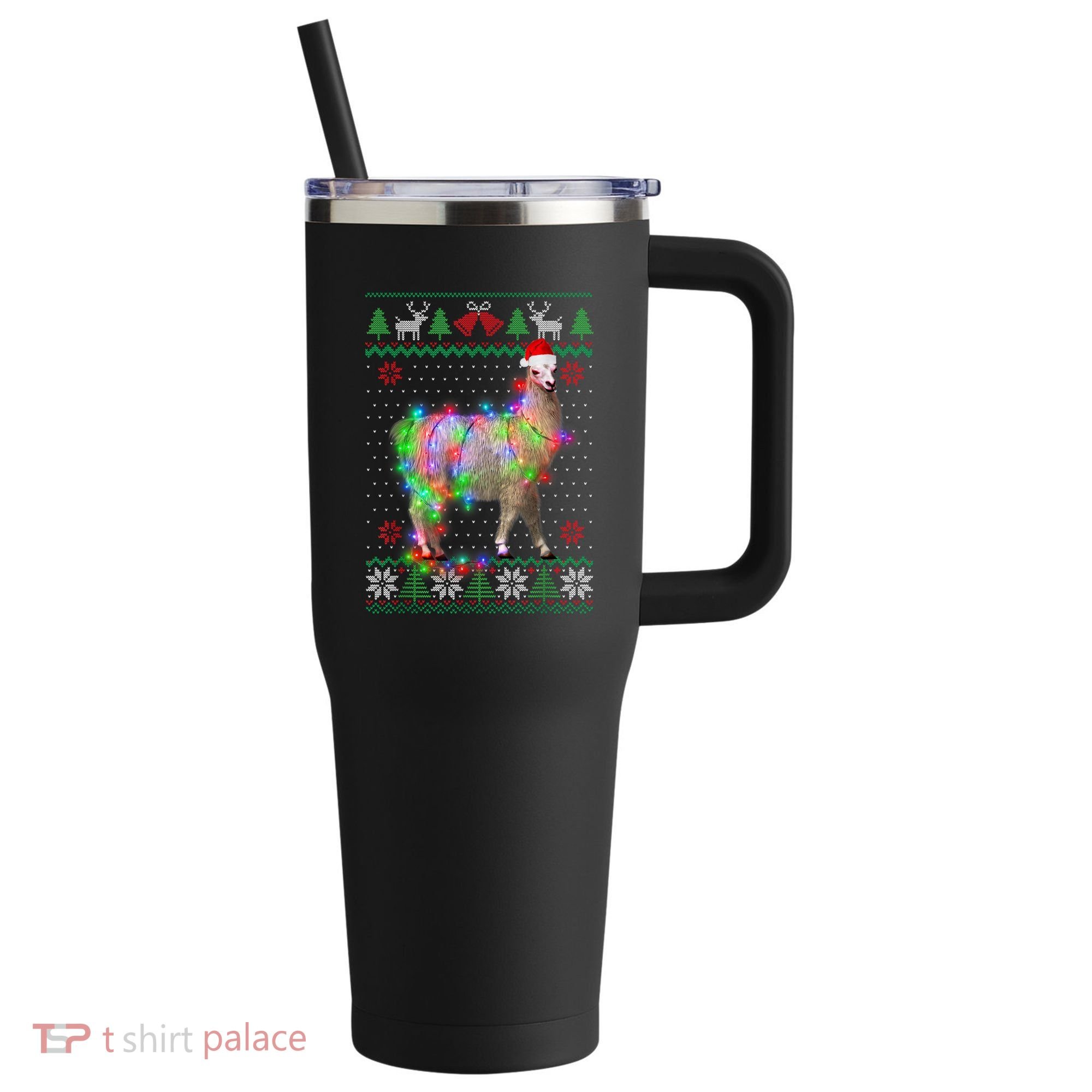 Funny Llama Lights Tangled Ugly Sweater Christmas Animals 40oz Vacuum Insulated Stainless Steel Travel Tumbler