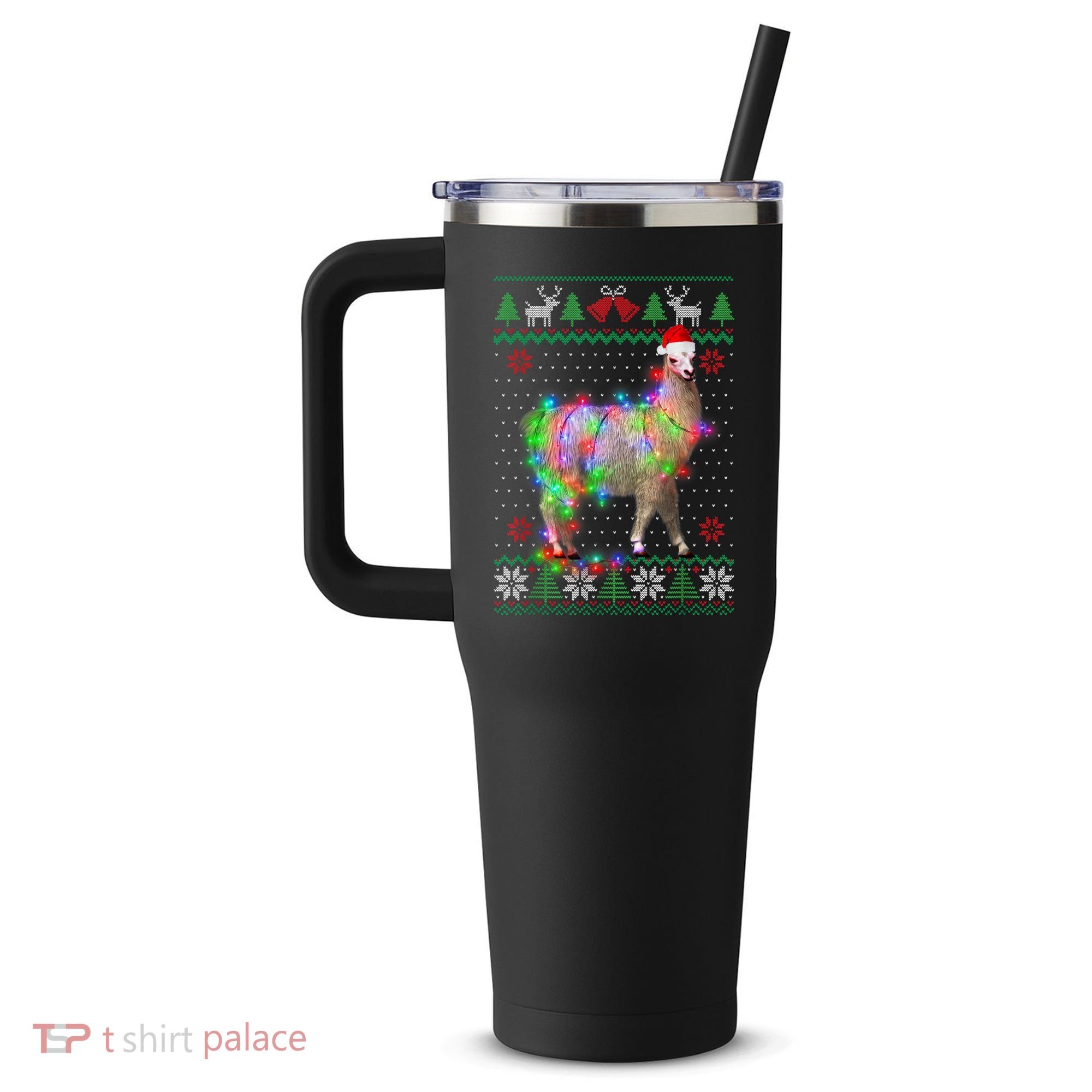 Funny Llama Lights Tangled Ugly Sweater Christmas Animals 40oz Vacuum Insulated Stainless Steel Travel Tumbler