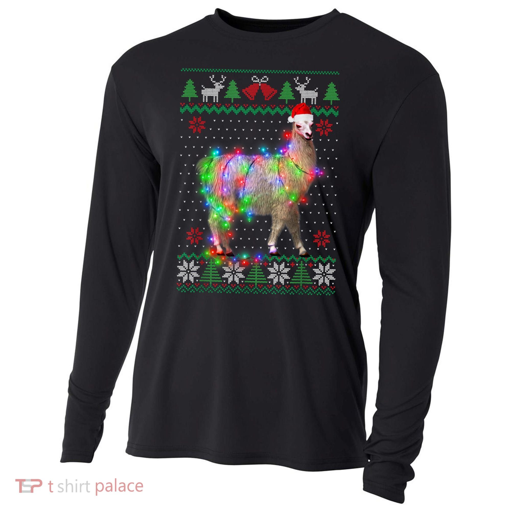 Funny Llama Lights Tangled Ugly Sweater Christmas Animals Cooling Performance Long Sleeve Crew