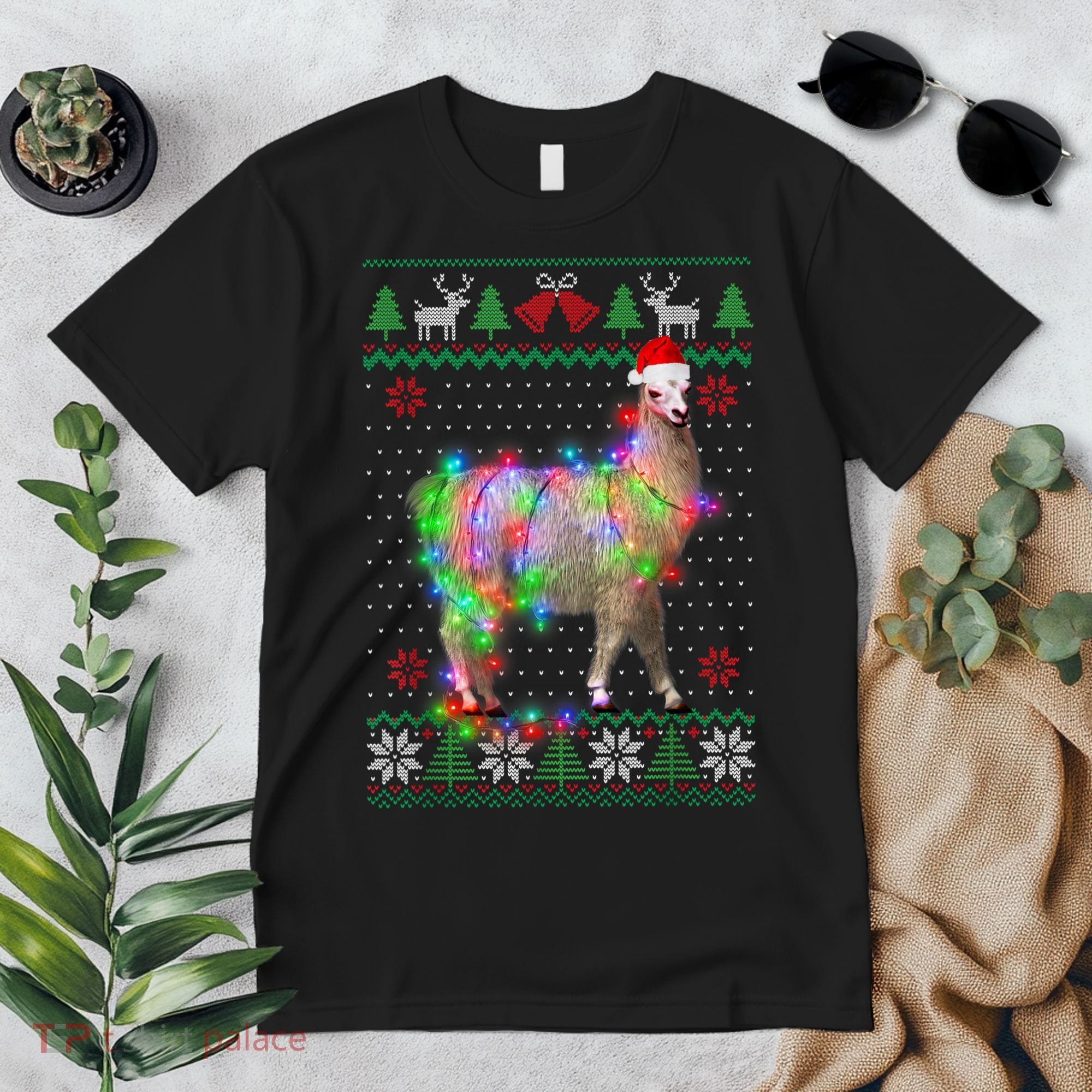 Funny Llama Lights Tangled Ugly Sweater Christmas Animals Premium T-Shirt