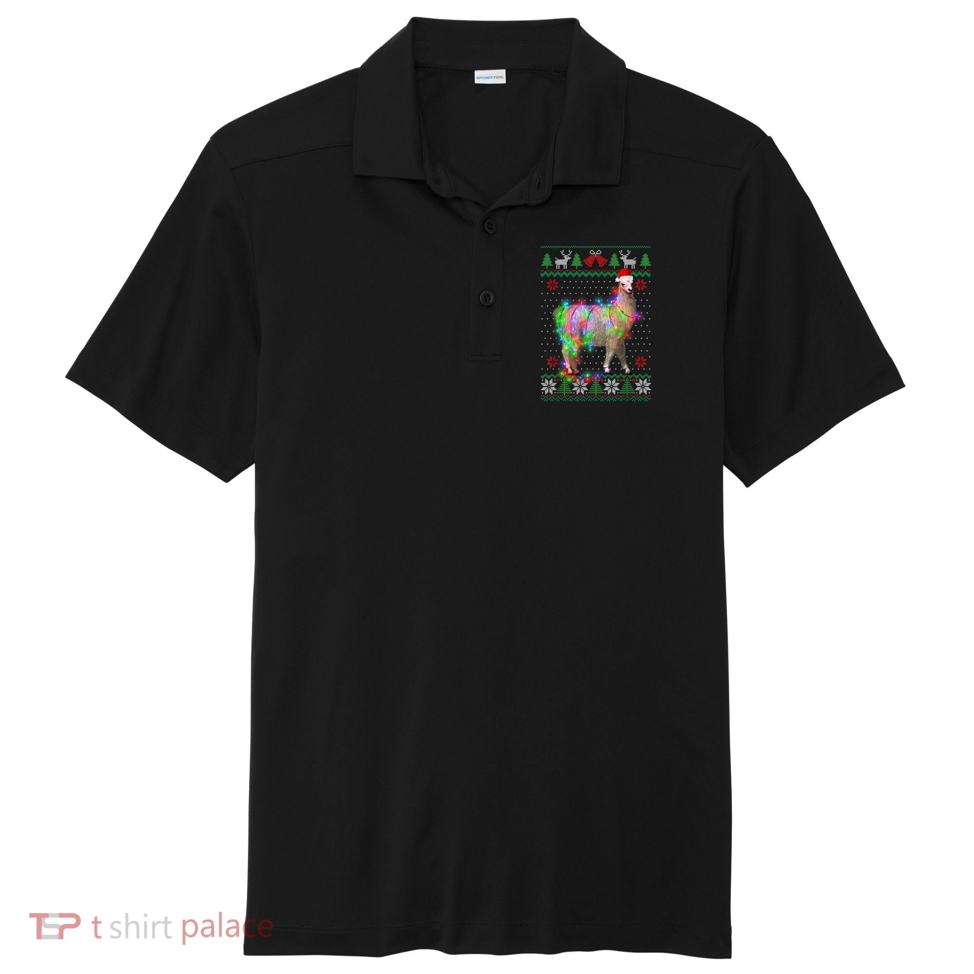 Funny Llama Lights Tangled Ugly Sweater Christmas Animals Sport-Tek Posi-UV Pro Polo