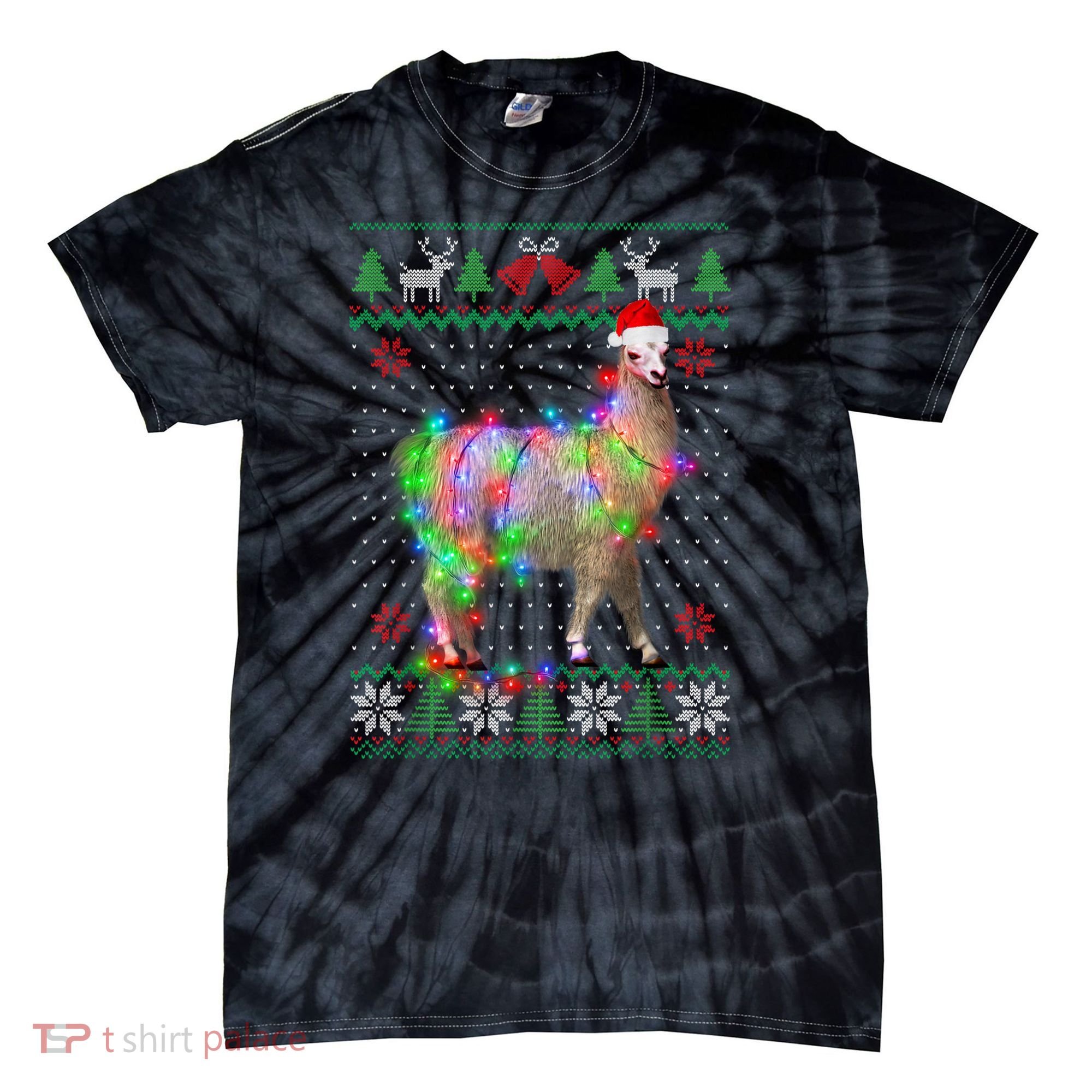 Funny Llama Lights Tangled Ugly Sweater Christmas Animals Tie-Dye T-Shirt