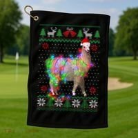 Funny Llama Lights Tangled Ugly Sweater Christmas Animals Golf Towel thumb 1