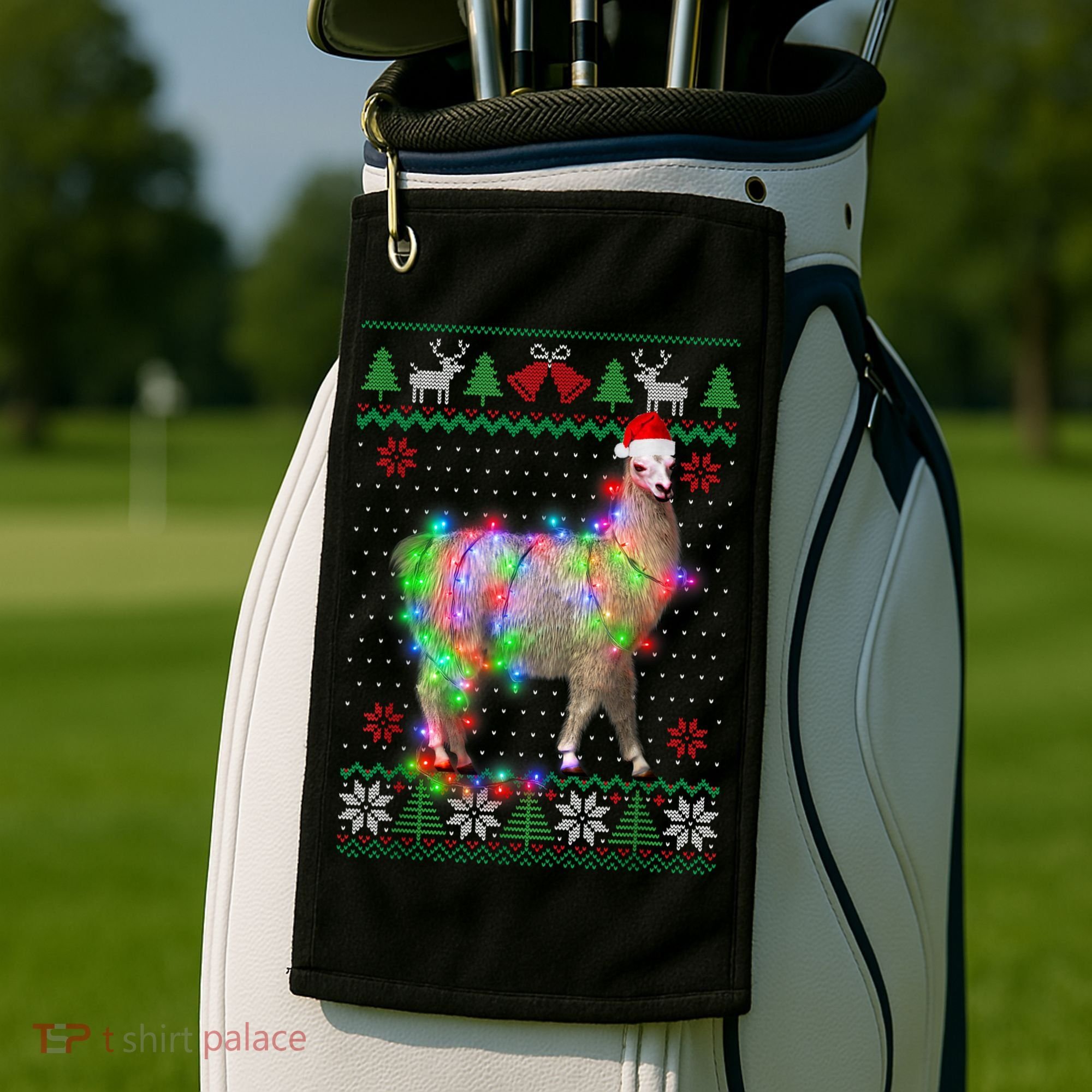 Funny Llama Lights Tangled Ugly Sweater Christmas Animals Golf Towel