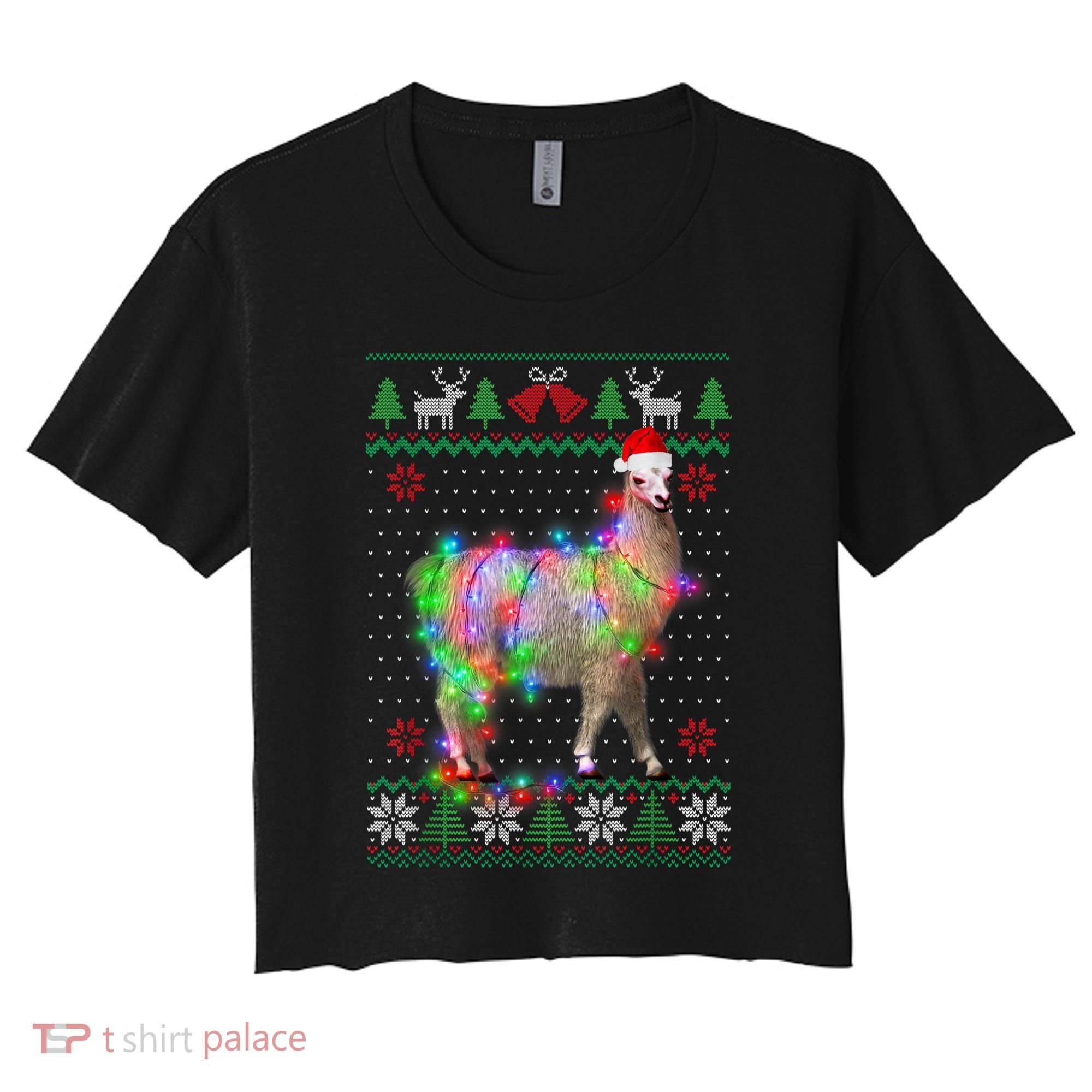 Funny Llama Lights Tangled Ugly Sweater Christmas Animals Women's Crop Top Tee