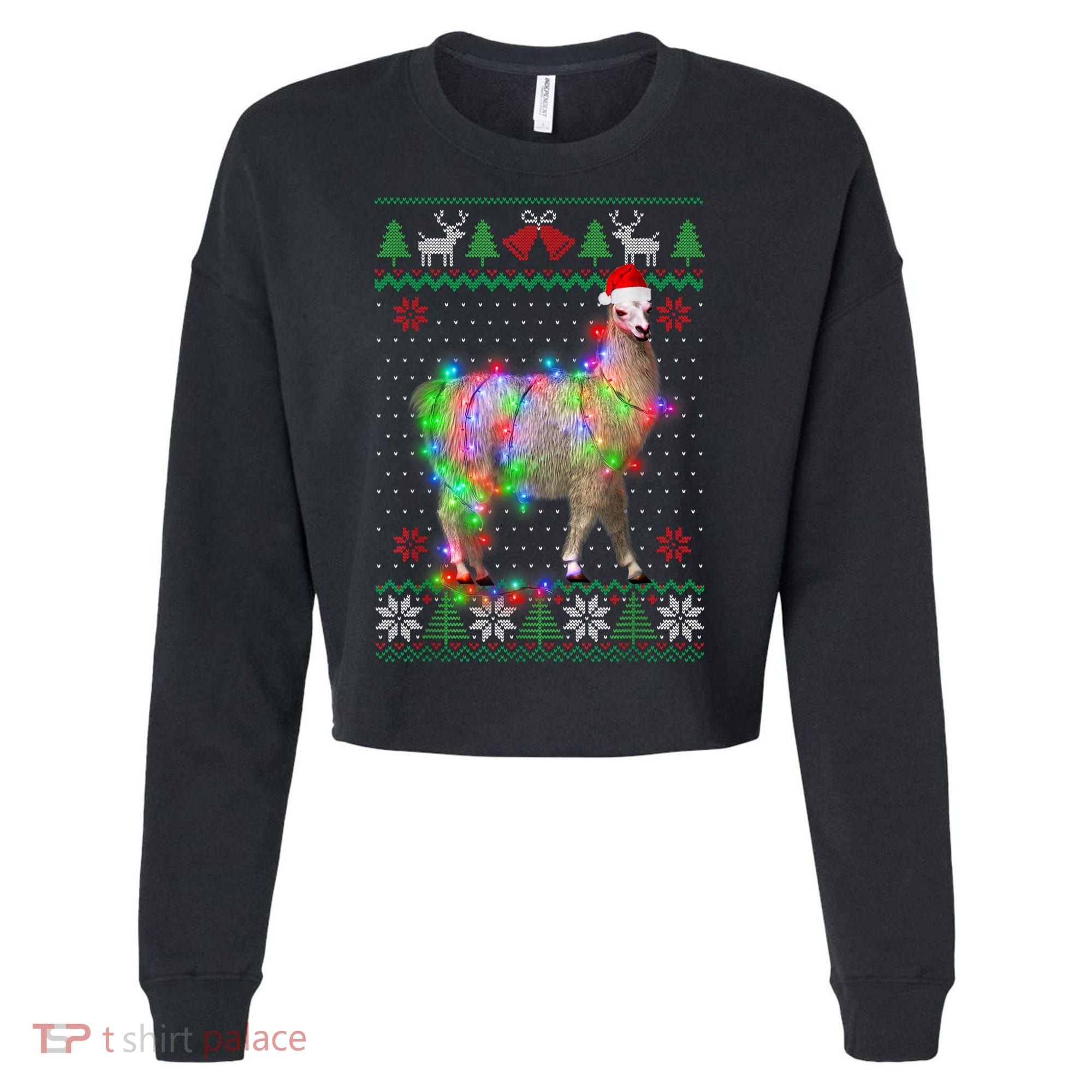 Funny Llama Lights Tangled Ugly Sweater Christmas Animals Cropped Pullover Crew