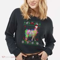 Funny Llama Lights Tangled Ugly Sweater Christmas Animals Cropped Pullover Crew thumb 2
