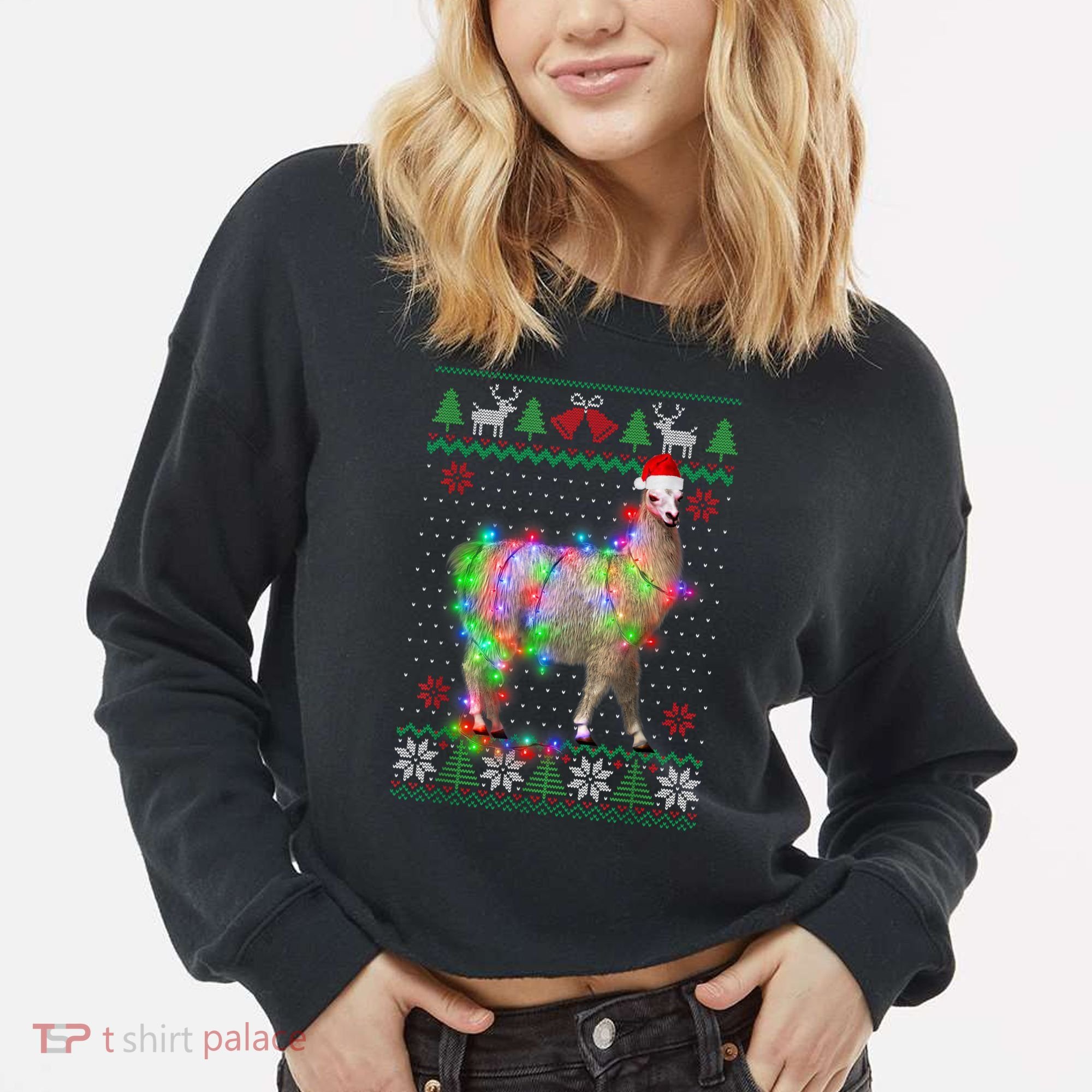 Funny Llama Lights Tangled Ugly Sweater Christmas Animals Cropped Pullover Crew