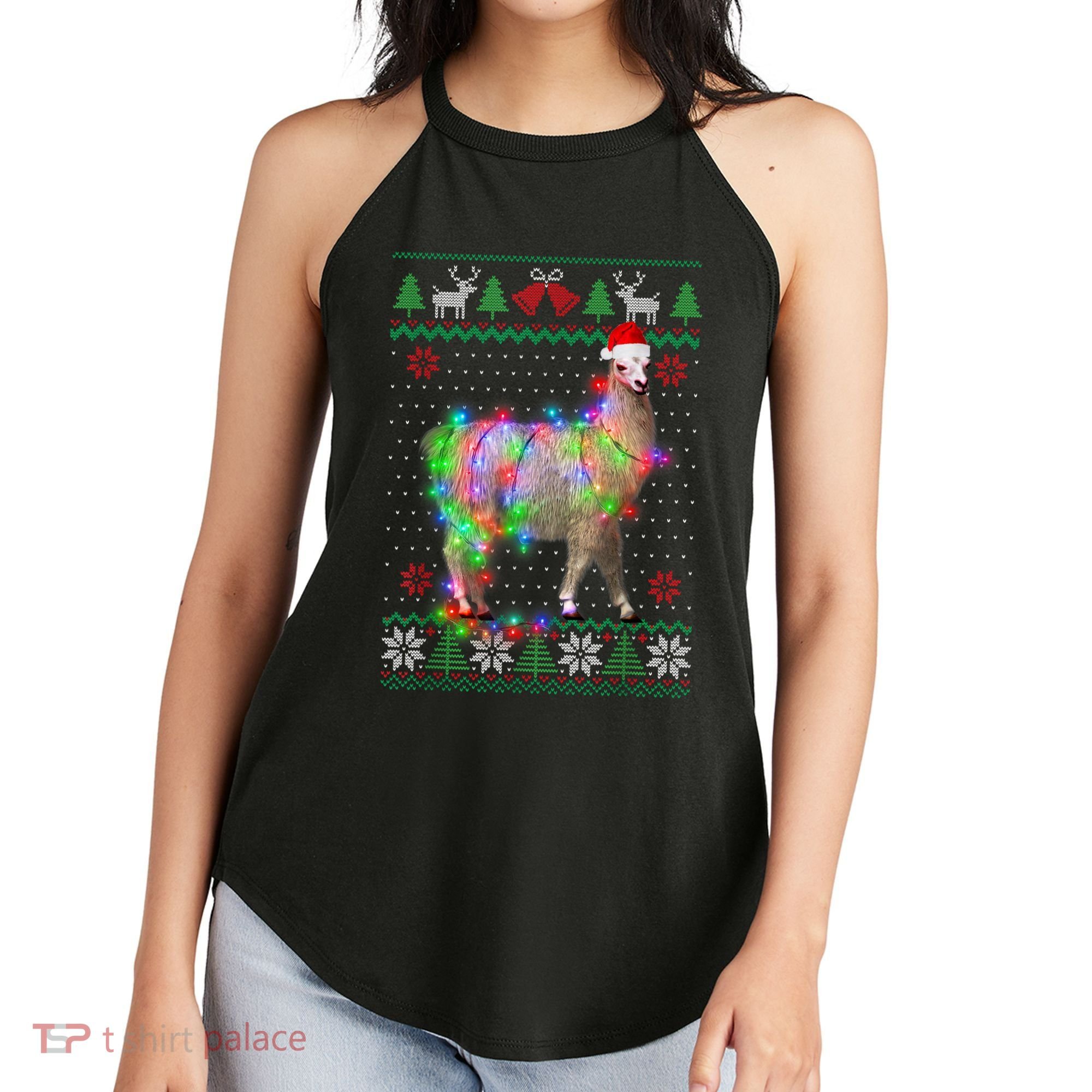 Funny Llama Lights Tangled Ugly Sweater Christmas Animals Women's Perfect Tri Rocker Tank